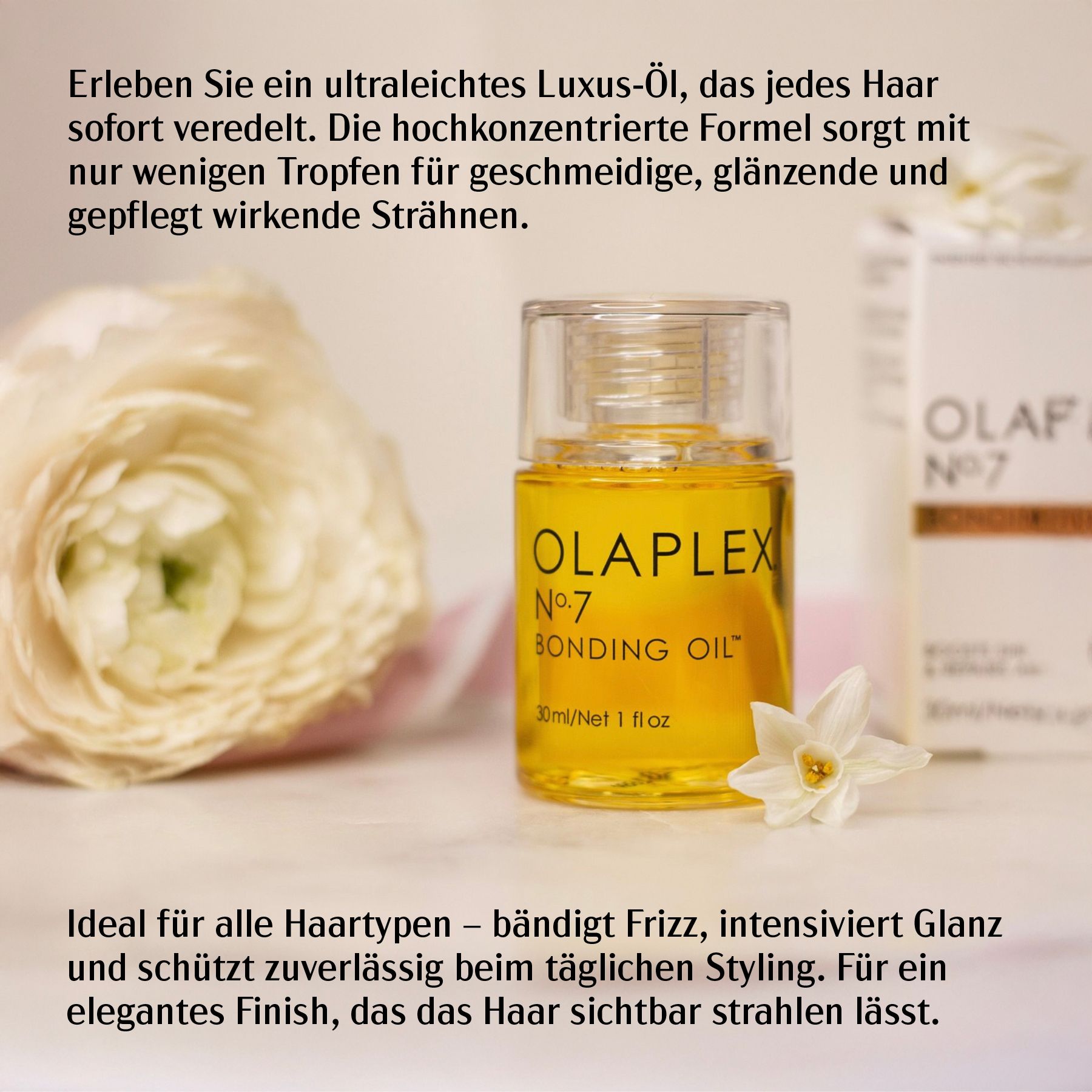 Gelbes Haaröl in Glasflasche. Aufschrift: Olaplex Nr. 7 Bonding Oil. Mit weißer Blüte und Text.