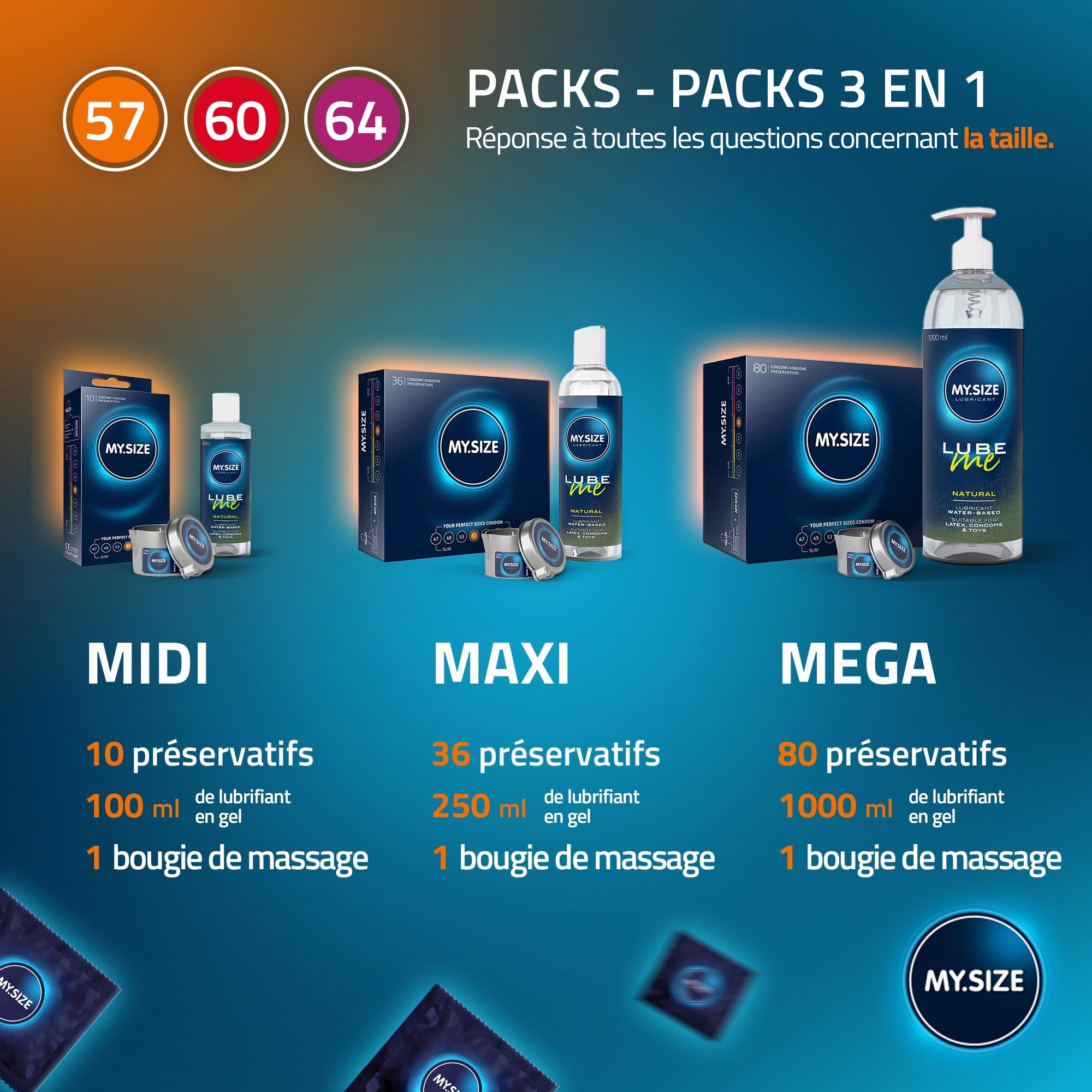 Paar umarmt sich, im Hintergrund MY.SIZE Kondompackungen und einzelne Kondome.