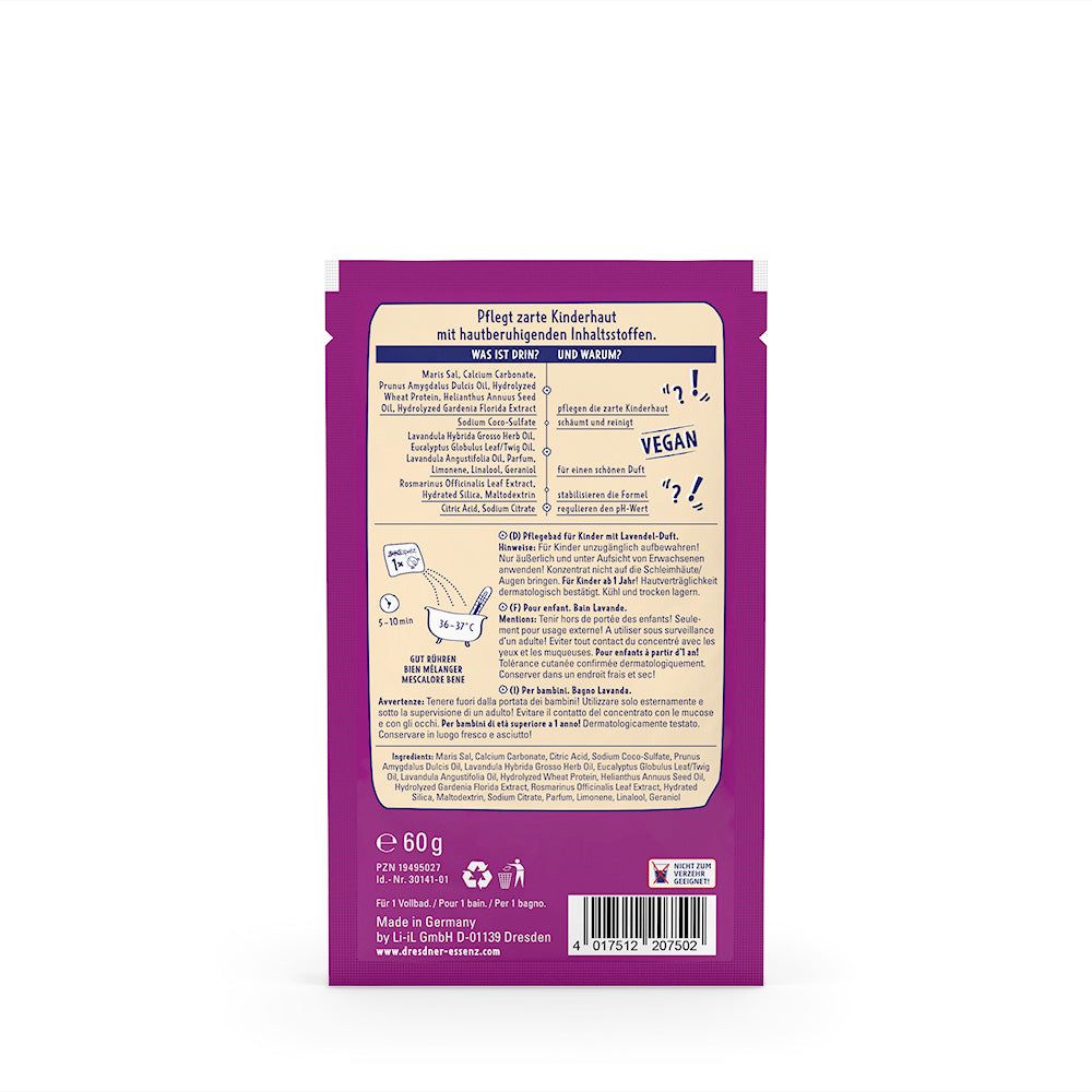 Dos de l'emballage du produit. Texte: ingrédients, instructions d'utilisation, logo végétalien. Fond violet.