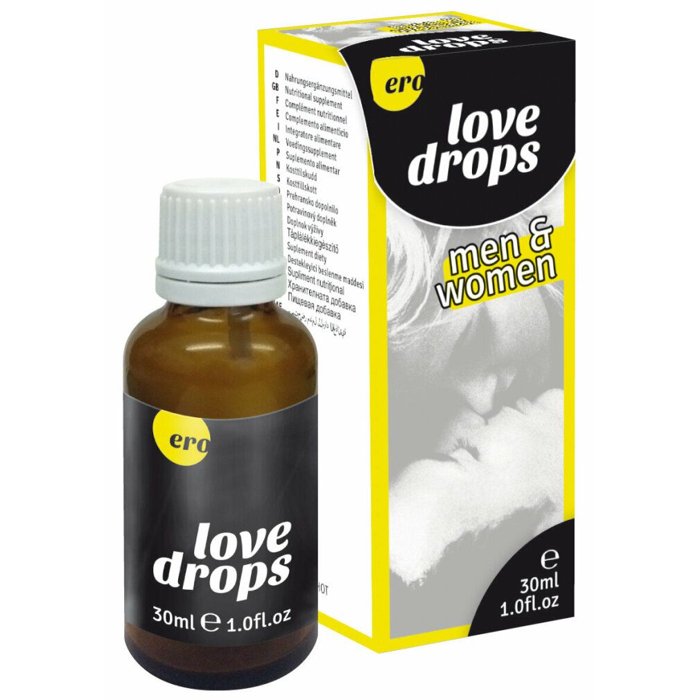 Braunglasflasche mit Tropfer und Kartonverpackung für ERO Love Drops, 30ml.