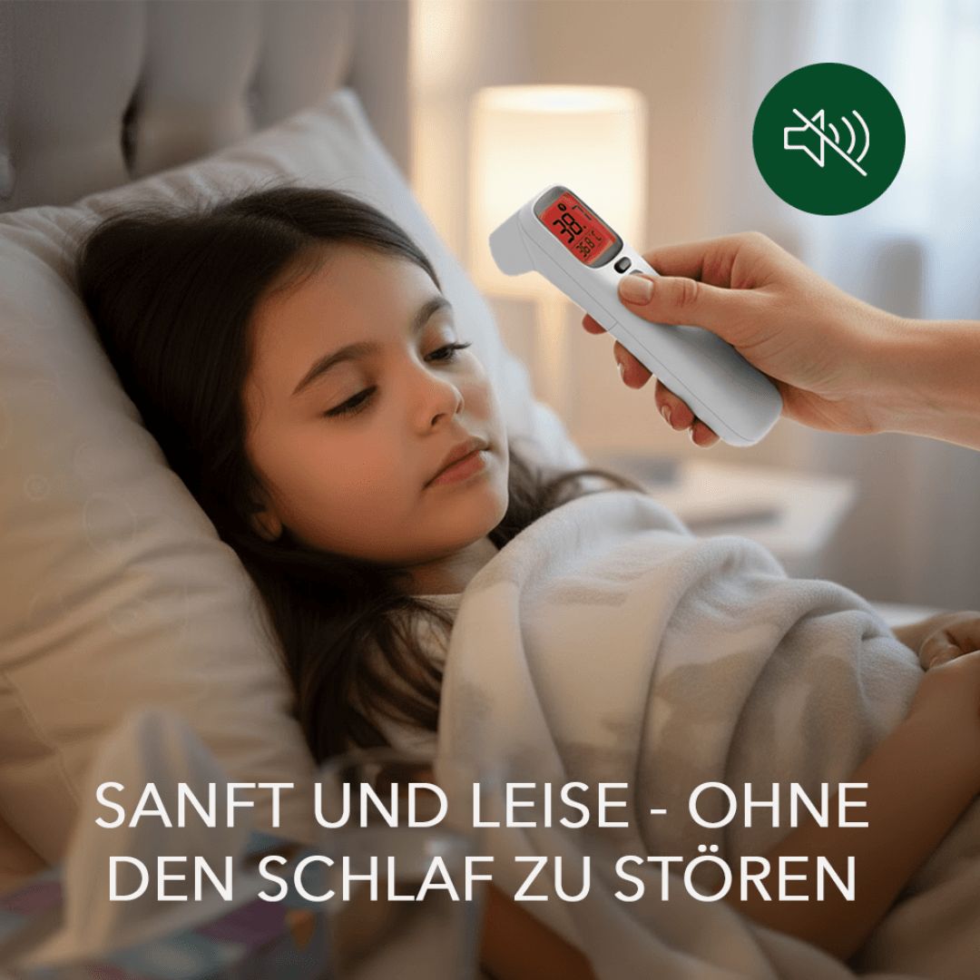 Digitales Fieberthermometer misst leise die Temperatur eines schlafenden Kindes.