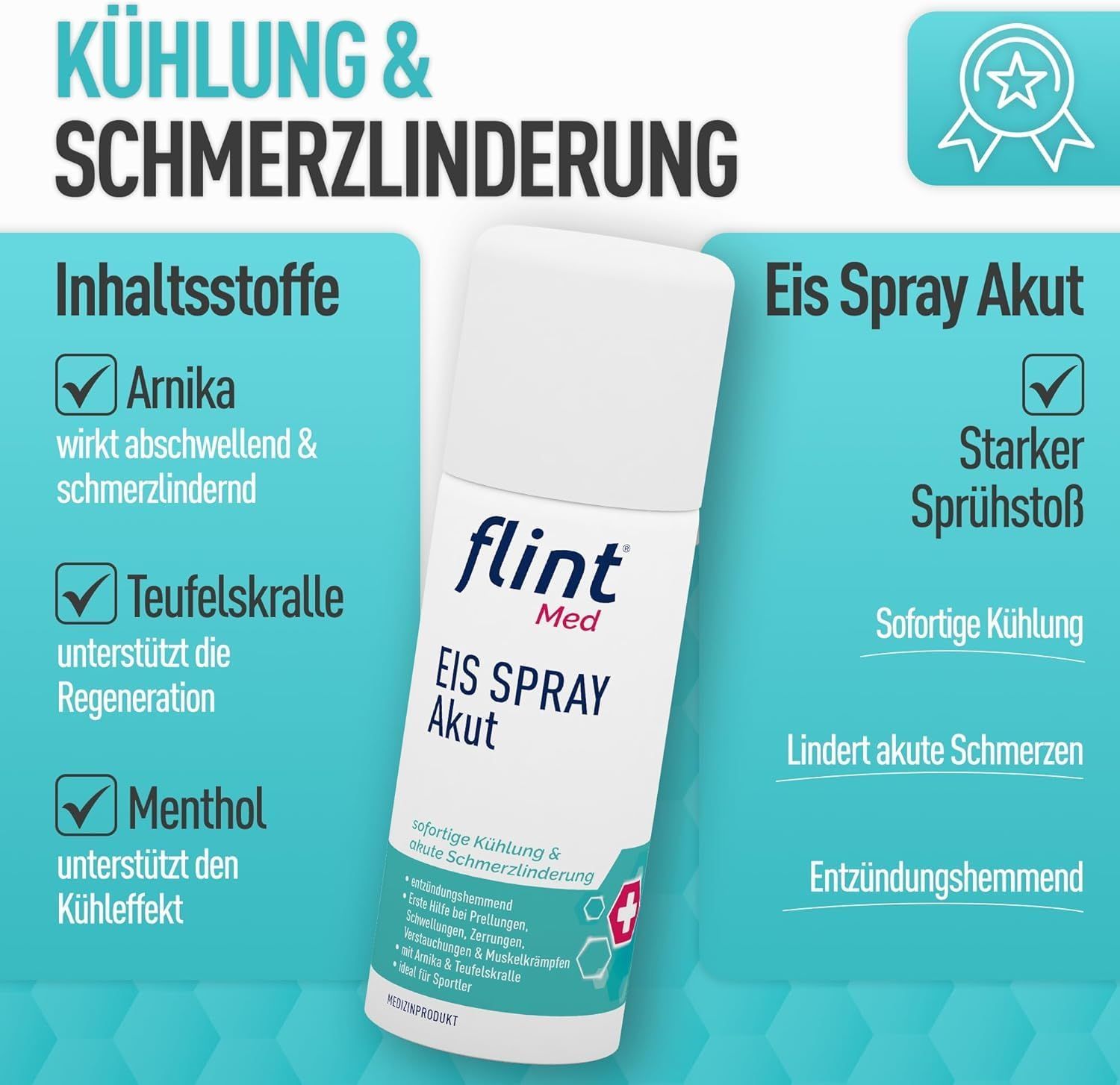 Weißes Spray mit blauer Schrift: flint Med Eis Spray Akut. Enthält Arnika, Teufelskralle und Menthol. Für sofortige Kühlung und Schmerzlinderung.