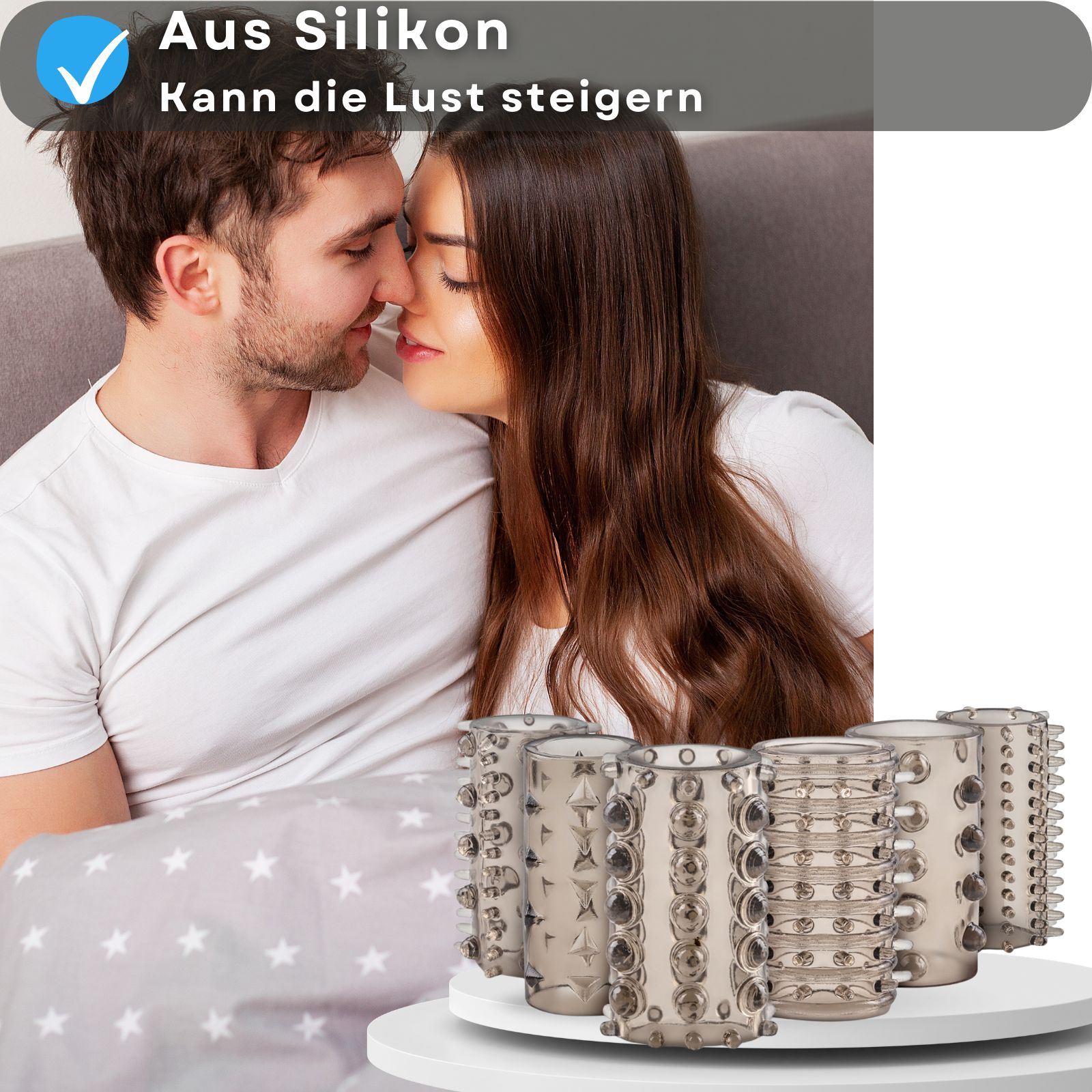 Produktabbildung mit Text: Aus Silikon, Kann die Lust steigern. Paar im Hintergrund.