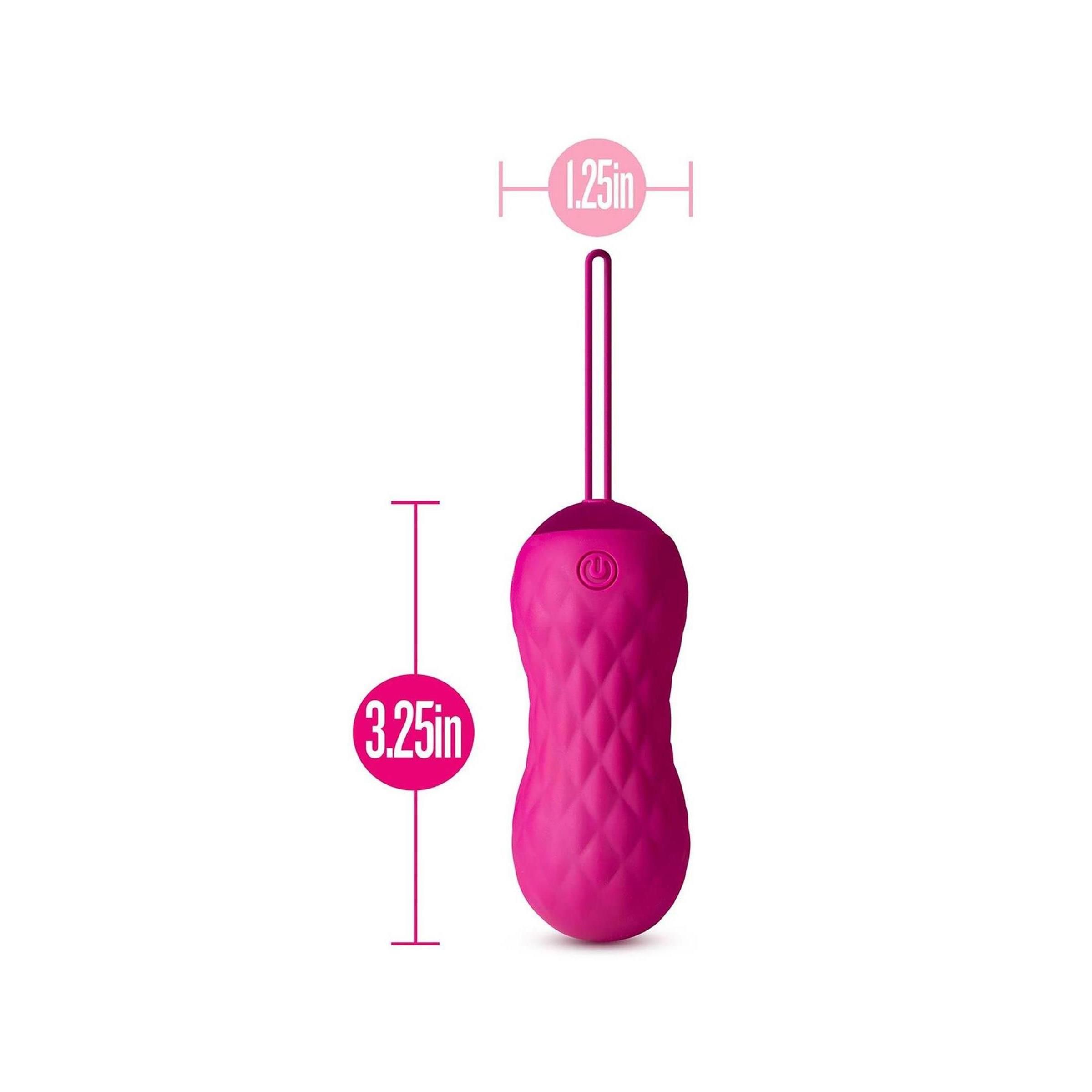 Rosa Vibrator mit Zugschlaufe. Abmessungen: 3,25 Zoll hoch, 1,25 Zoll breit. Auf dem Produkt ist ein Ein-/Ausschalter abgebildet.