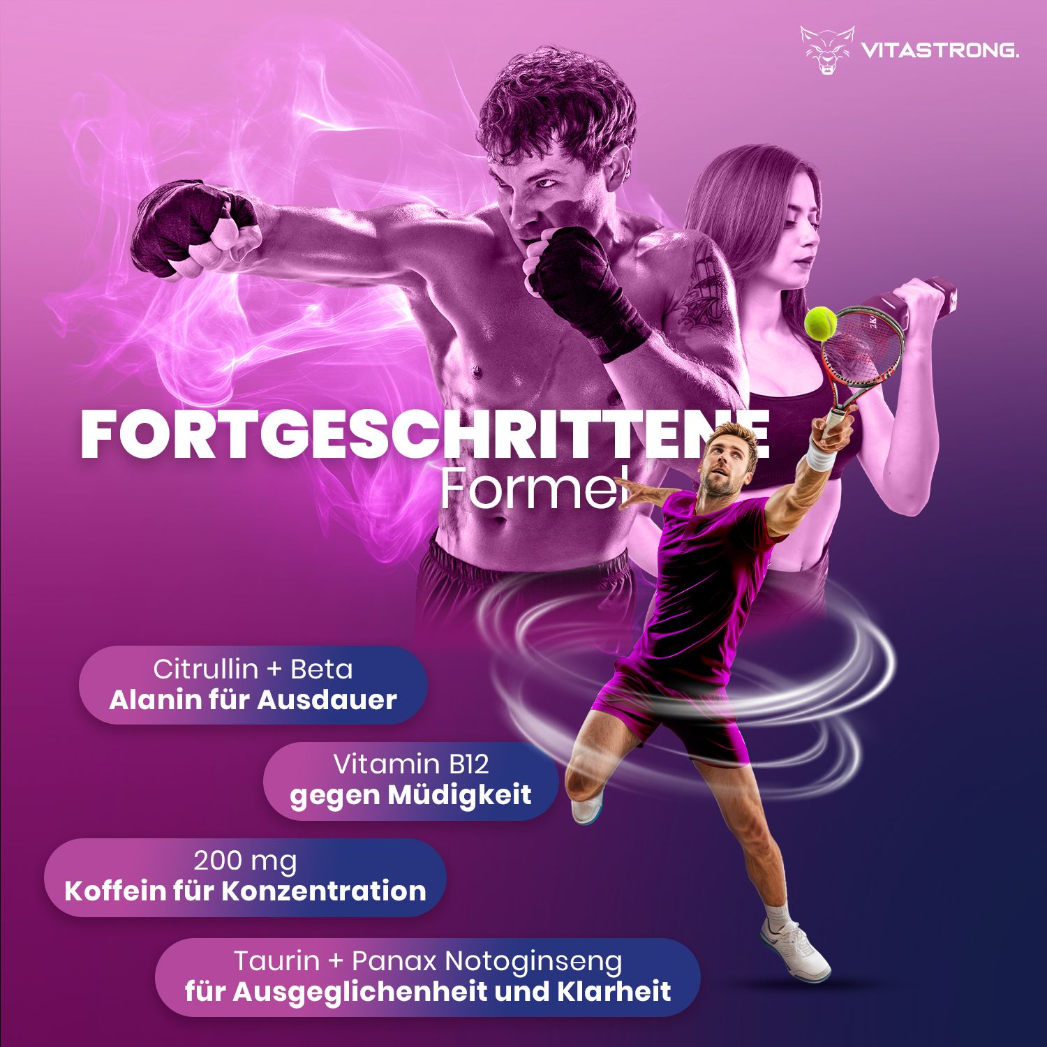 Vitastrong Energy Berries. Sportler-Collage. Text: Fortschrittliche Formel. Inhaltsstoffe: Citrullin, Beta Alanin, etc.