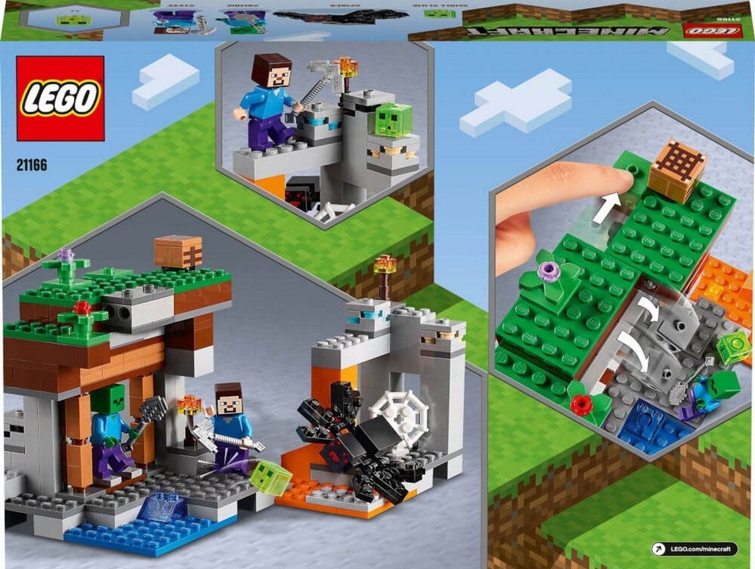 Rückseite der LEGO Minecraft 21166 Verpackung. Zeigt das Set mit Figuren und Mine in verschiedenen Szenen.