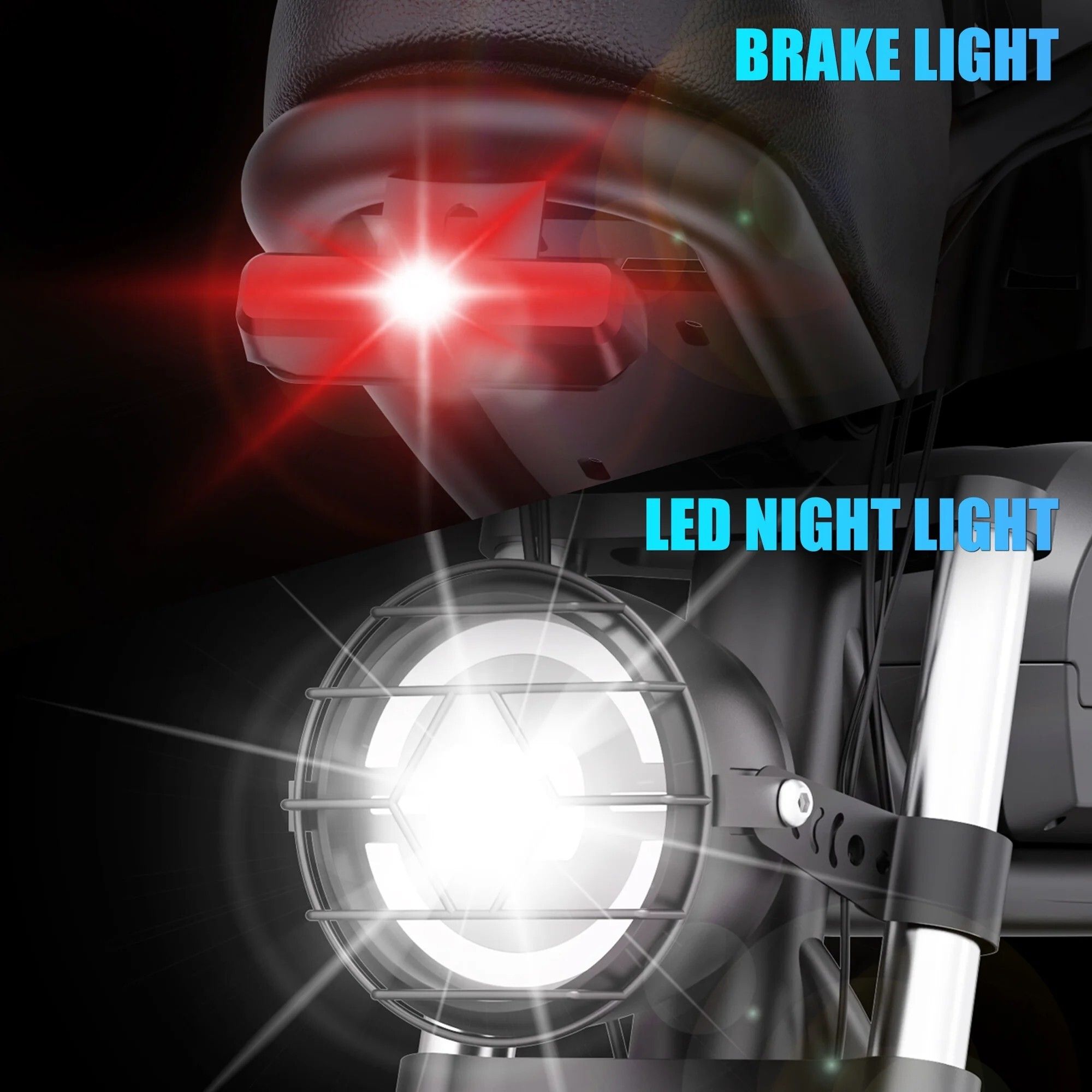 Nahaufnahme des Scheinwerfers und Rücklichts eines E-Bikes. Helles Licht. Text: BRAKE LIGHT und LED NIGHT LIGHT.