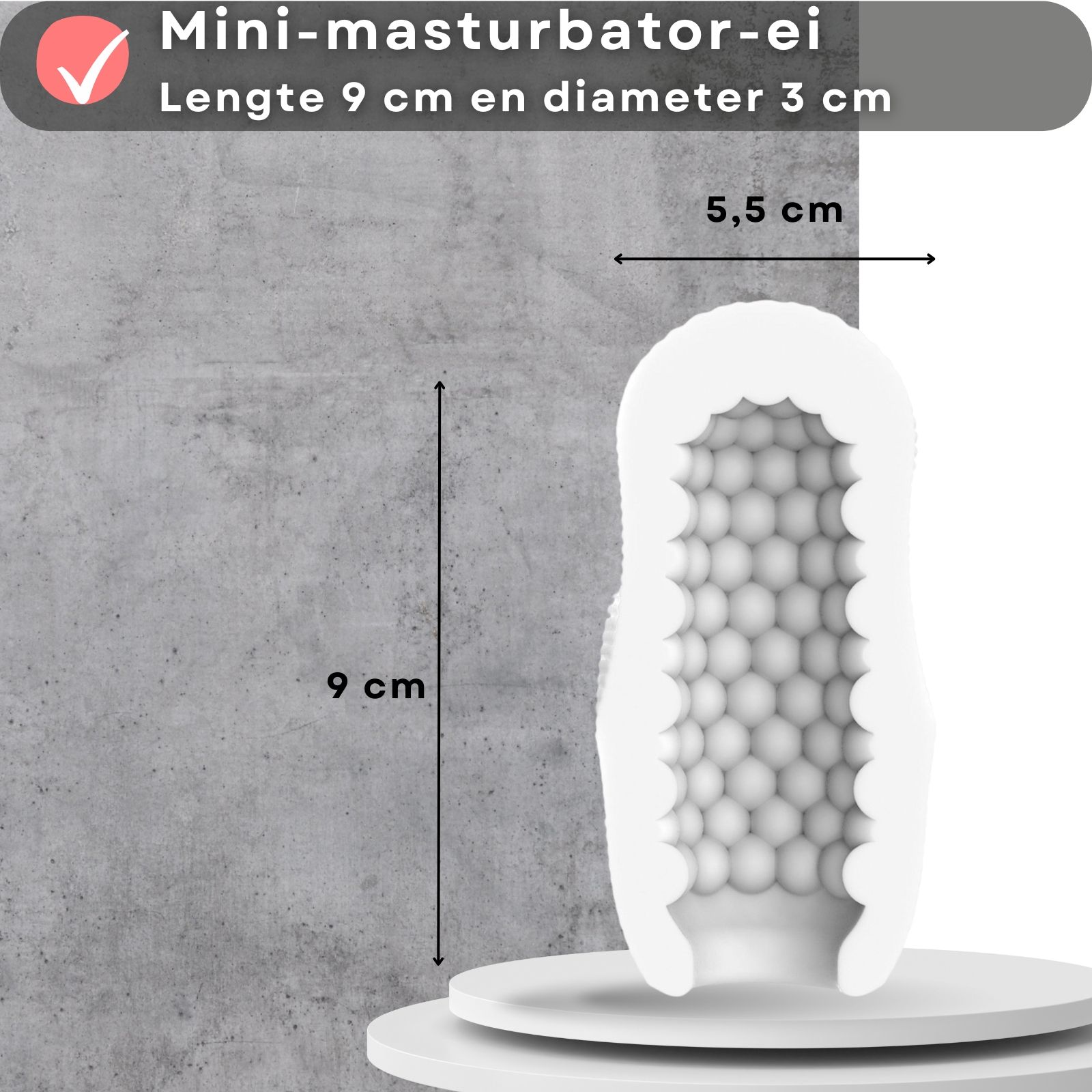Wit masturbator-ei met noppen. Afmetingen: 9 cm lang, 5,5 cm breed. Tekst: Mini-masturbator-ei. Lengte 9 cm en diameter 3 cm.