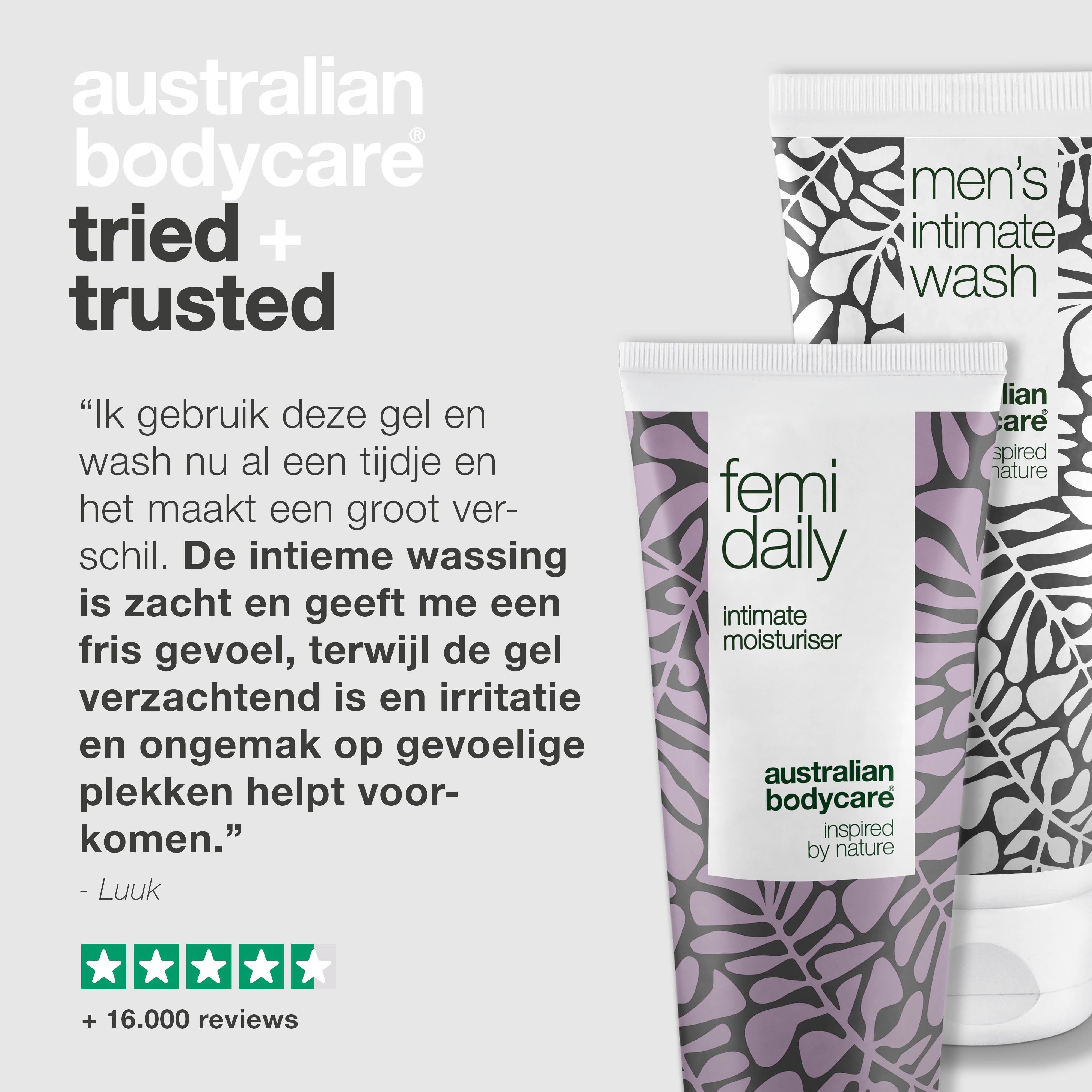 Twee tubes: "men's intimate wash" en "femi daily". Tekst: "tried + trusted". Citaat en 5 sterren.