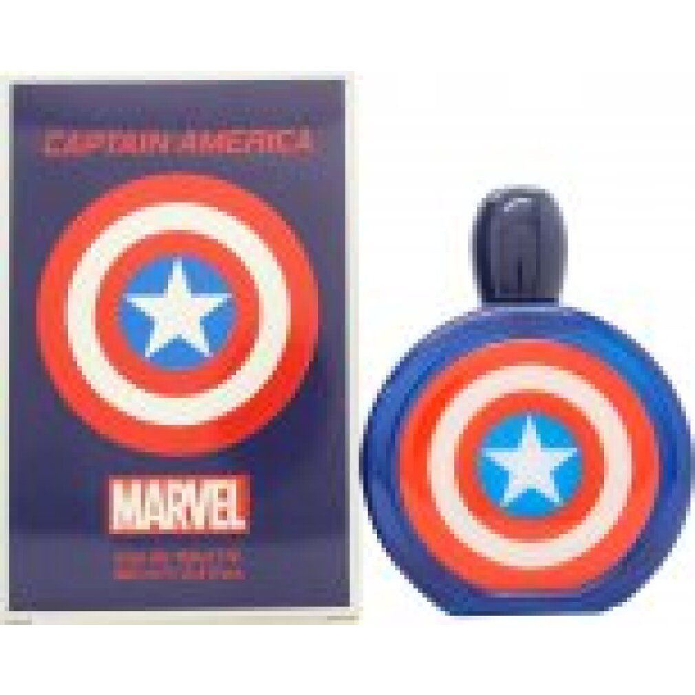 Blaues Parfümflakon und Schachtel mit Captain America-Schild-Design. Marvel-Logo sichtbar.