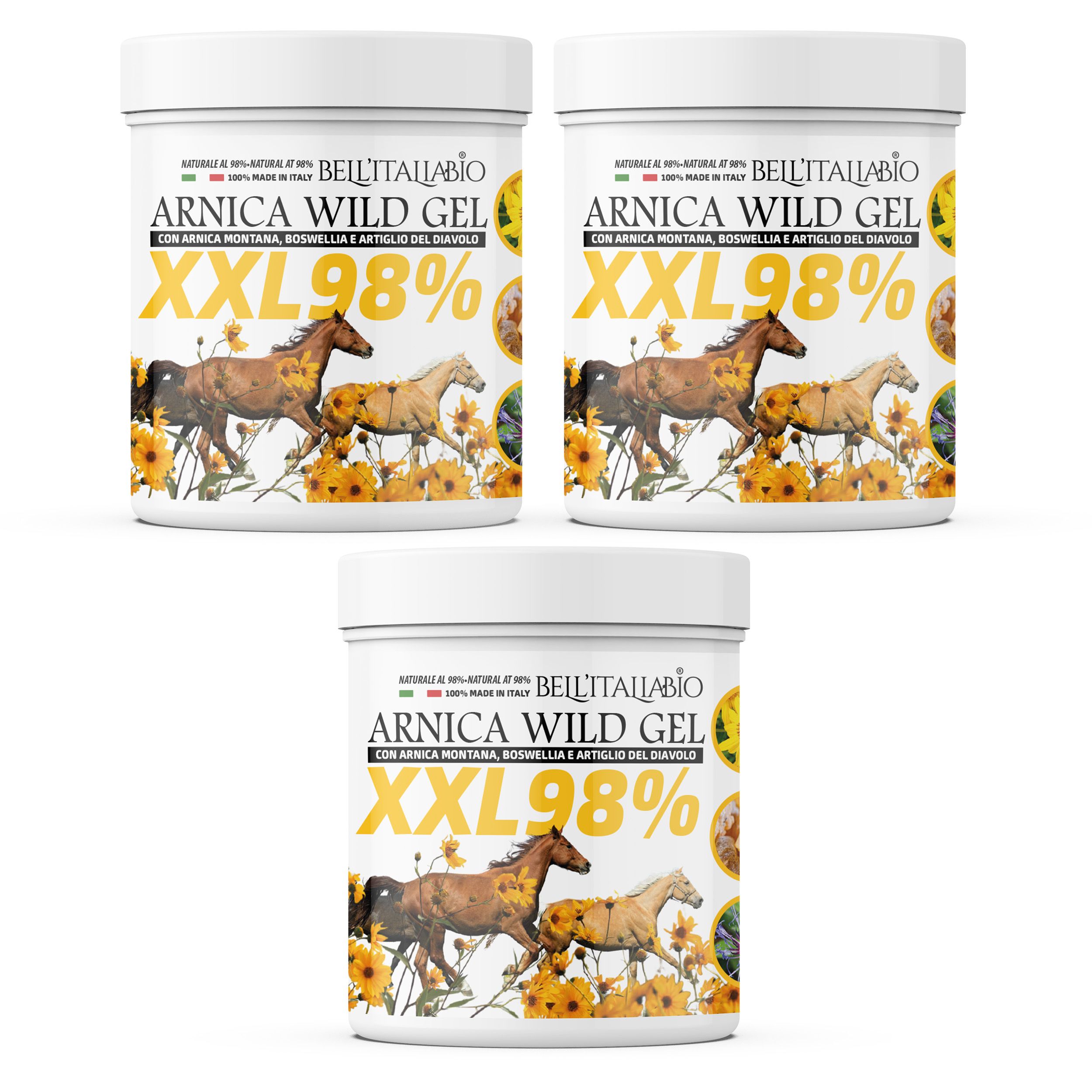 Drei weiße Tiegel mit Etikett. Aufschrift: Arnika Wild Gel, XXL 98%. Abbildung von Pferden und Blumen.