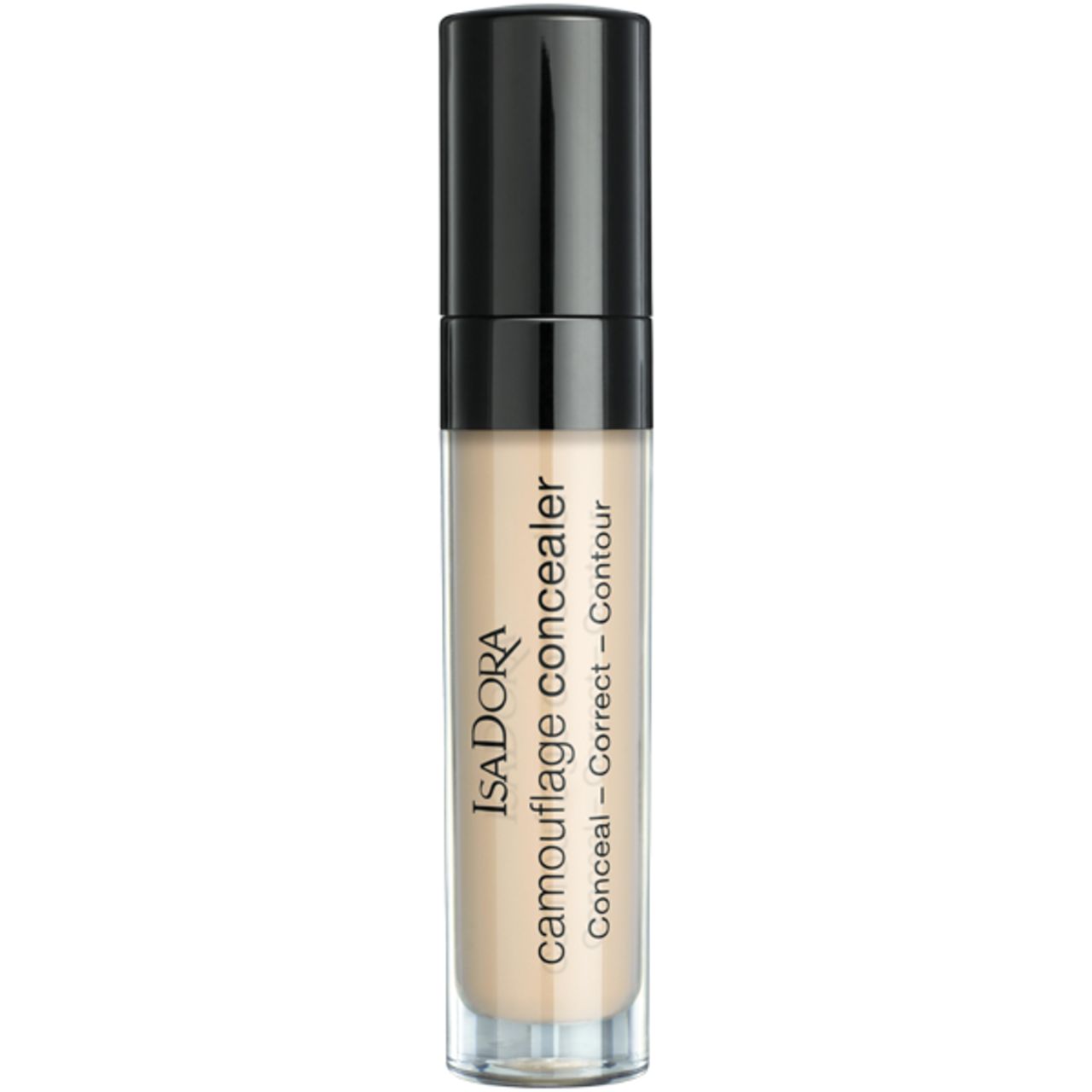 IsaDora Camouflage Concealer. Transparente Tube mit schwarzem Deckel. Produkttext: Conceal - Correct - Contour.