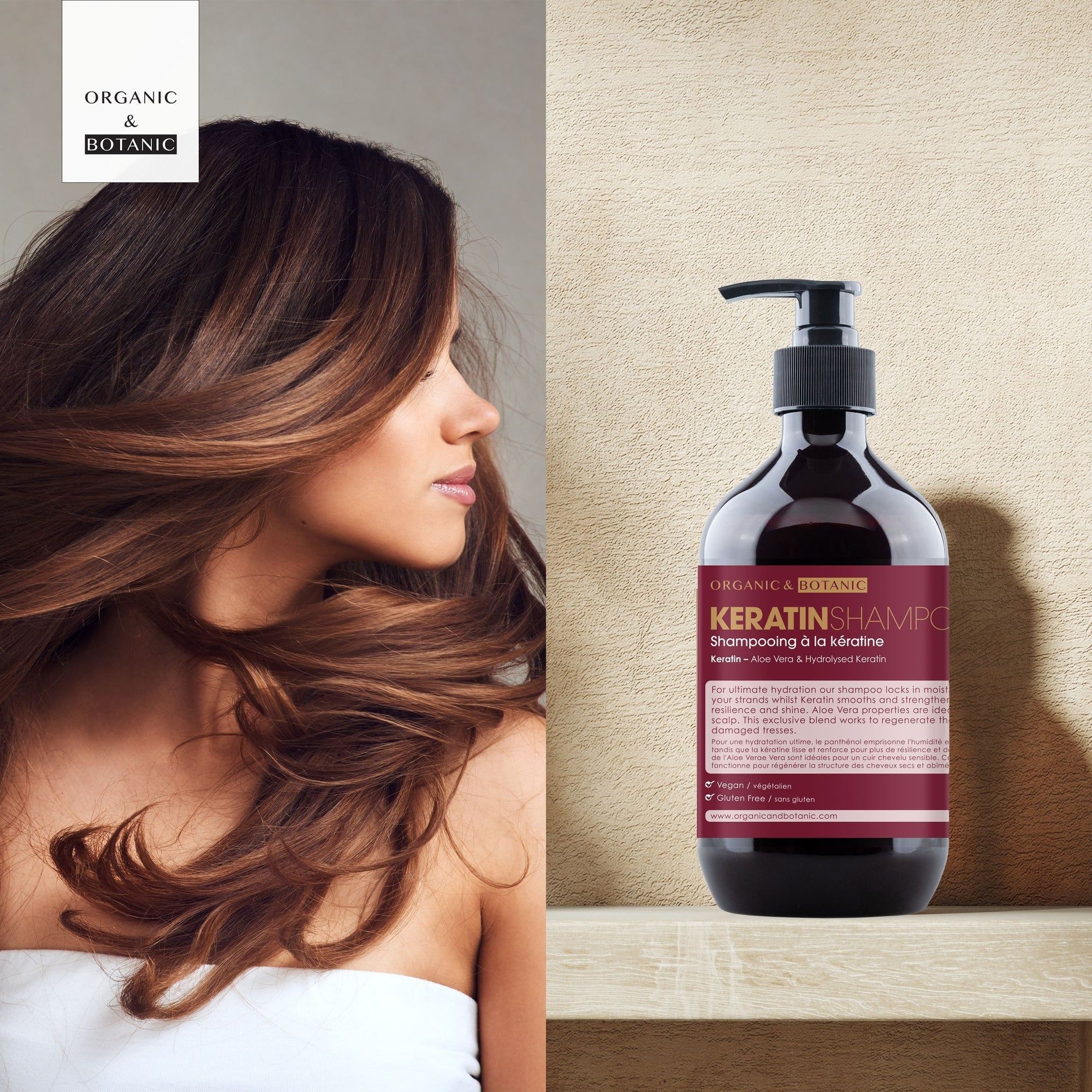 Braune Flasche mit schwarzem Pumpkopf. Etikett mit Schriftzug: Keratin Shampoo. Text in Englisch und Französisch. Vegan und glutenfrei. Frau mit Haaren.