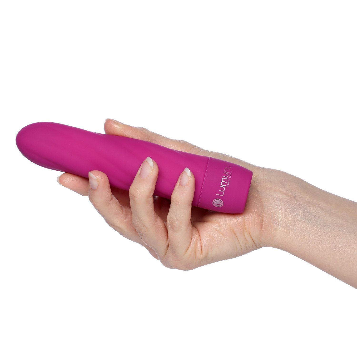 Pinkfarbener Vibrator in einer Hand gehalten. Der Markenname Lumunu ist sichtbar.
