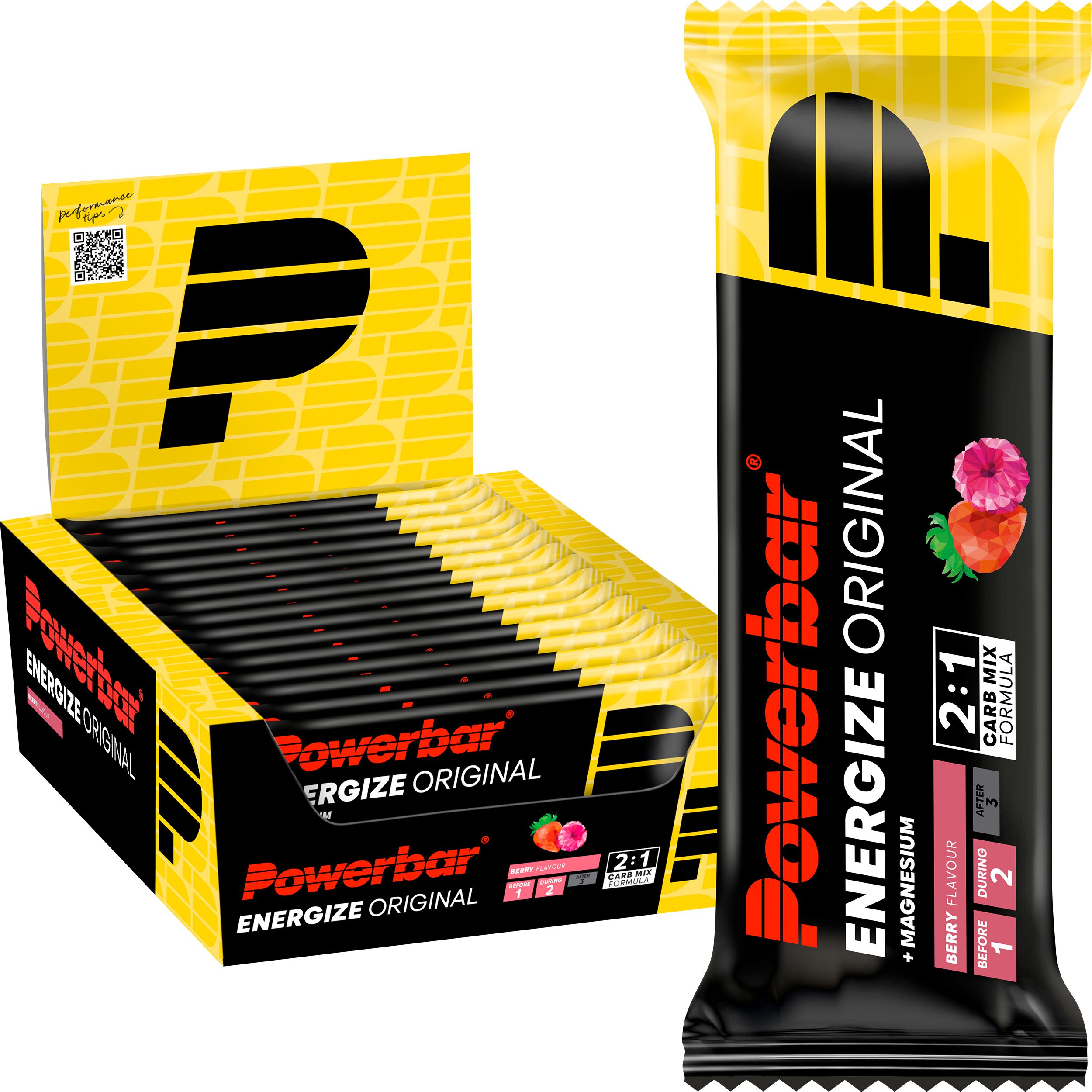 Energieriegel "Powerbar Energize Original Berry" und eine Schachtel mit weiteren Riegeln. Schwarze Verpackung mit gelben Akzenten.