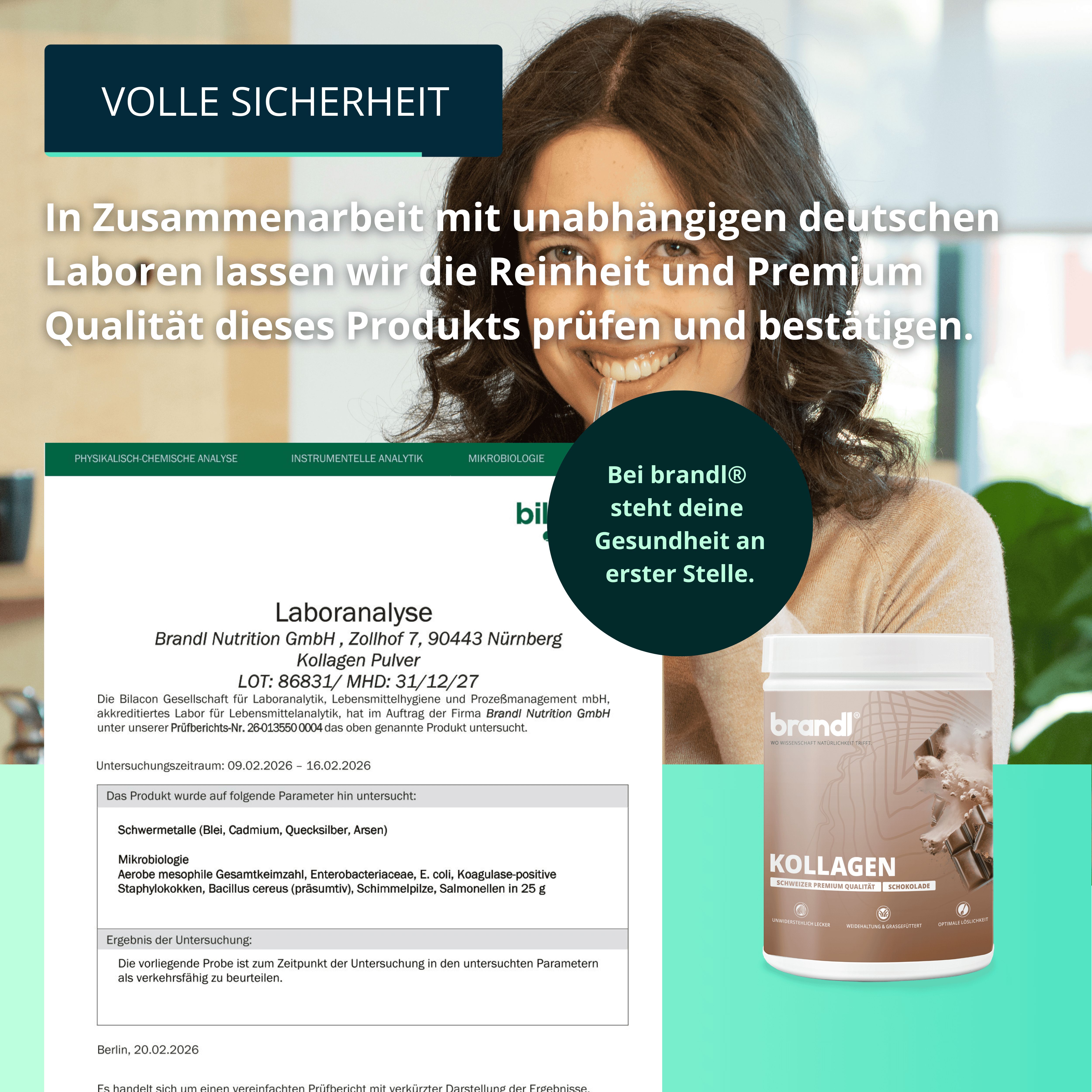 brandl® Kollagen Pulver Dose. Laboranalyse-Zertifikat. Text: Premium Kollagen. Frau lächelt. Gesundheit steht im Mittelpunkt.