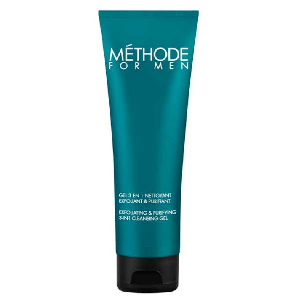 Türkisgrüne Tube mit schwarzem Deckel. Aufschrift: MÉTHODE FOR MEN, GEL 3 EN 1, EXFOLIATING & PURIFYING 3-IN-1 CLEANSING GEL.