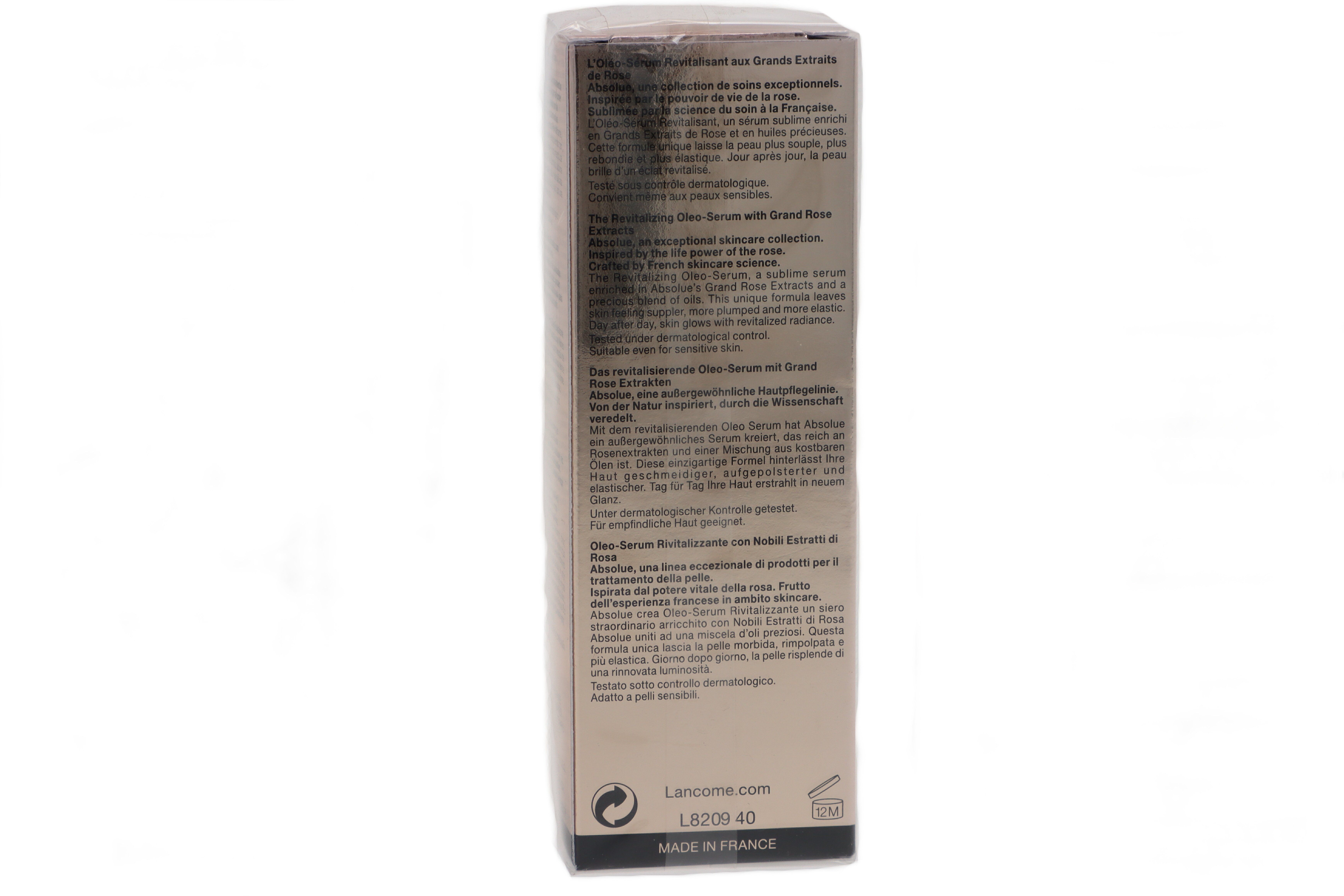 Verpackung von Lancôme Absolue L'Oléo-Serum. Text auf der Verpackung in mehreren Sprachen. Hergestellt in Frankreich.