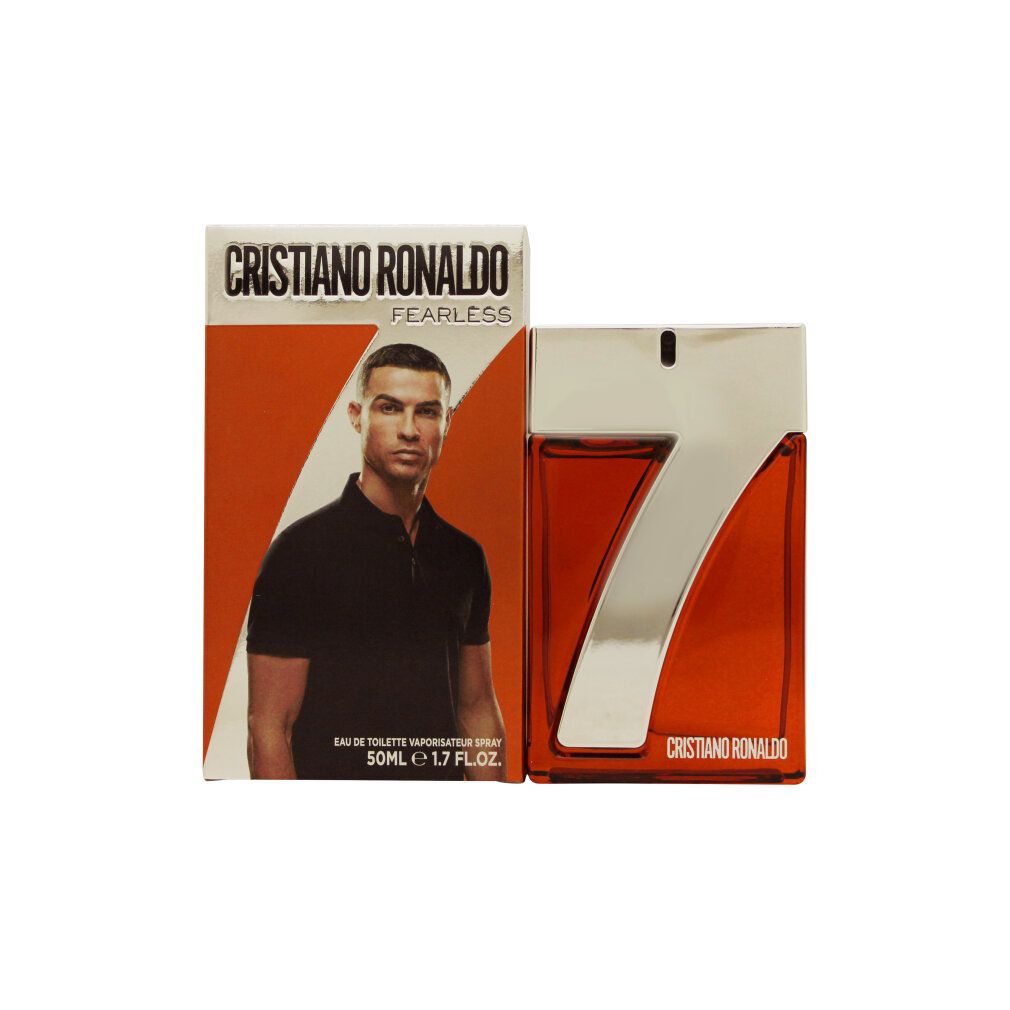 Cristiano Ronaldo Fearless Eau de Toilette Set mit Flakon und Verpackung, die Cristiano Ronaldo zeigt.