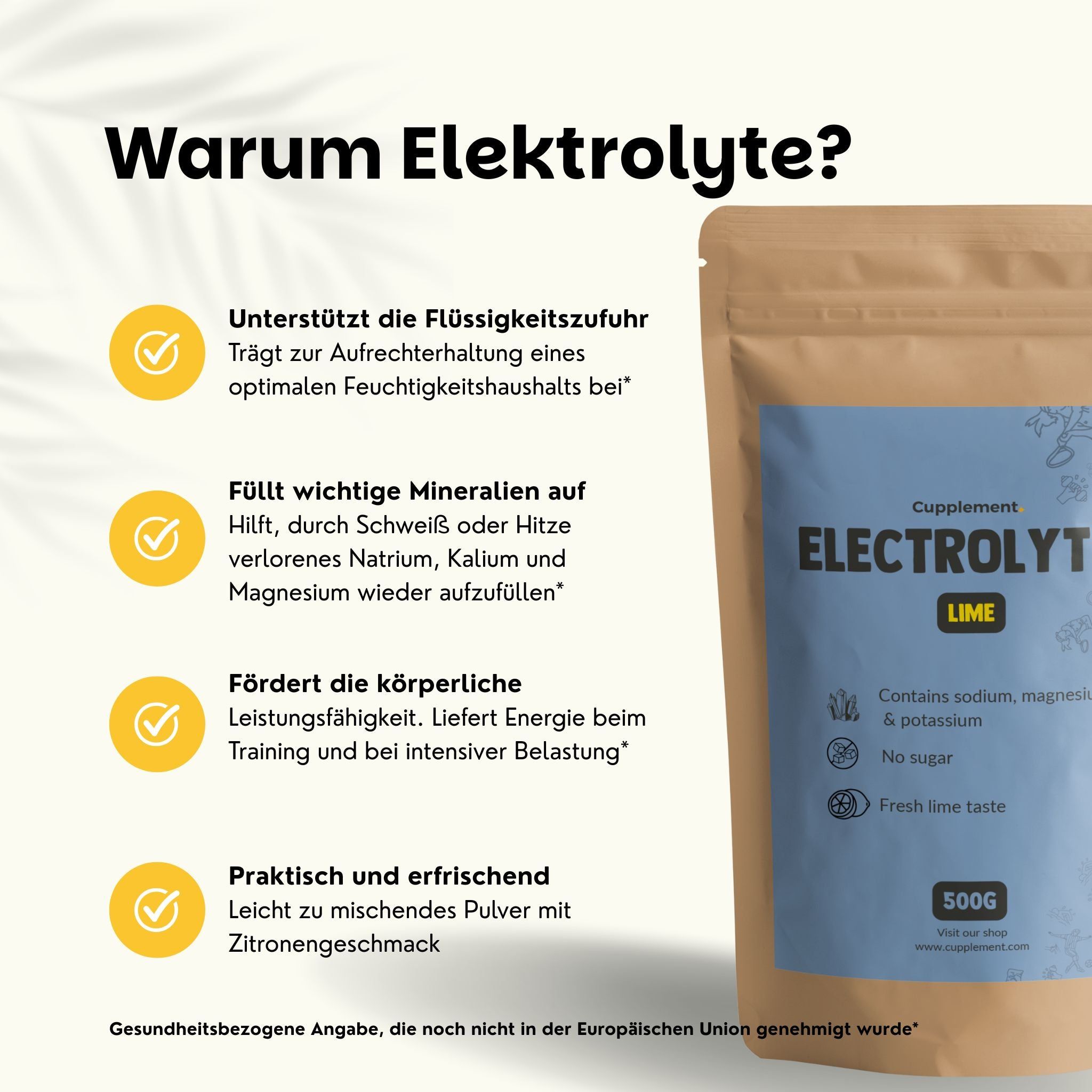 Beutel Cupplement Elektrolyte. Aufschrift: Elektrolyte, Limette, 500g. Kundenbewertung 4.7/5. Drei Kundenkommentare.