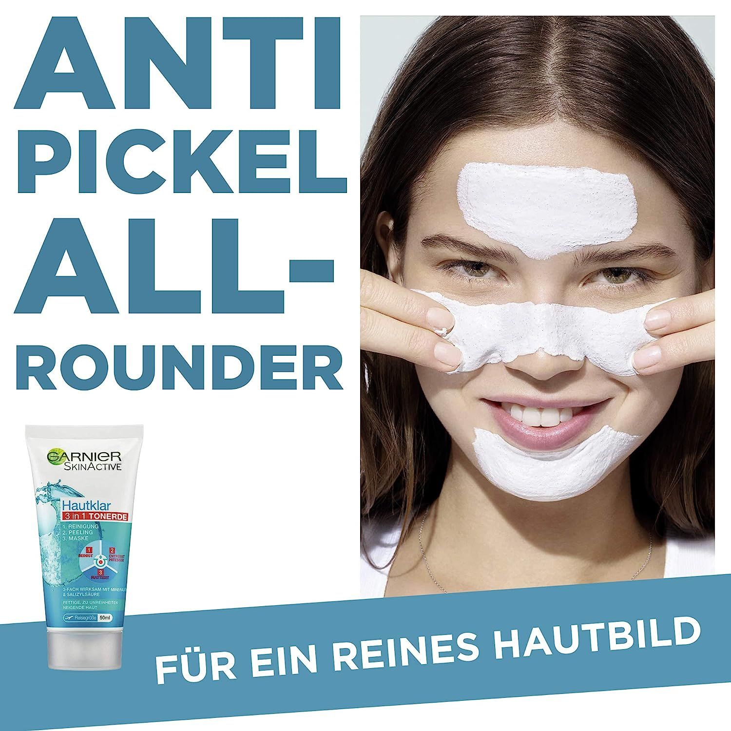 Garnier Hautklar 3 in 1 Gesichtsreinigung für unreine Haut, Reinigung, Peeling und Maske