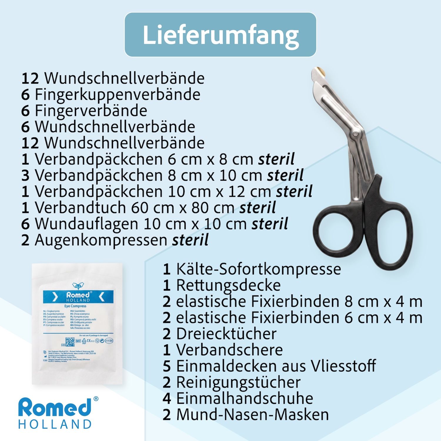 Inhalt des Romed Erste Hilfe Nachfüllsets: Verbandsmaterialien, Schere, Rettungsdecke, Kältekompresse, Handschuhe und Masken.