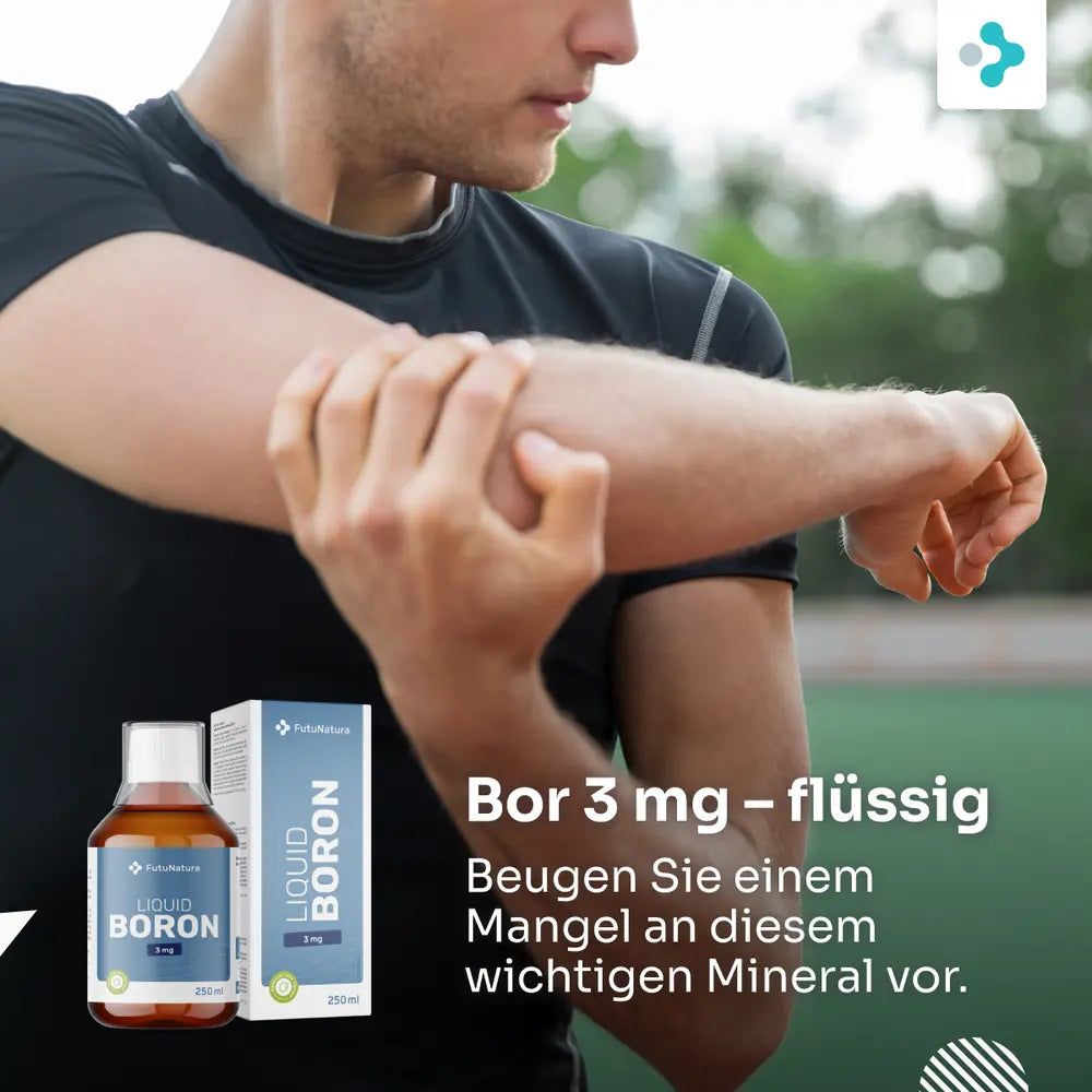Mann, der sich den Arm hält. Flasche und Verpackung mit Logo und Aufschrift Liquid Boron 3 mg.