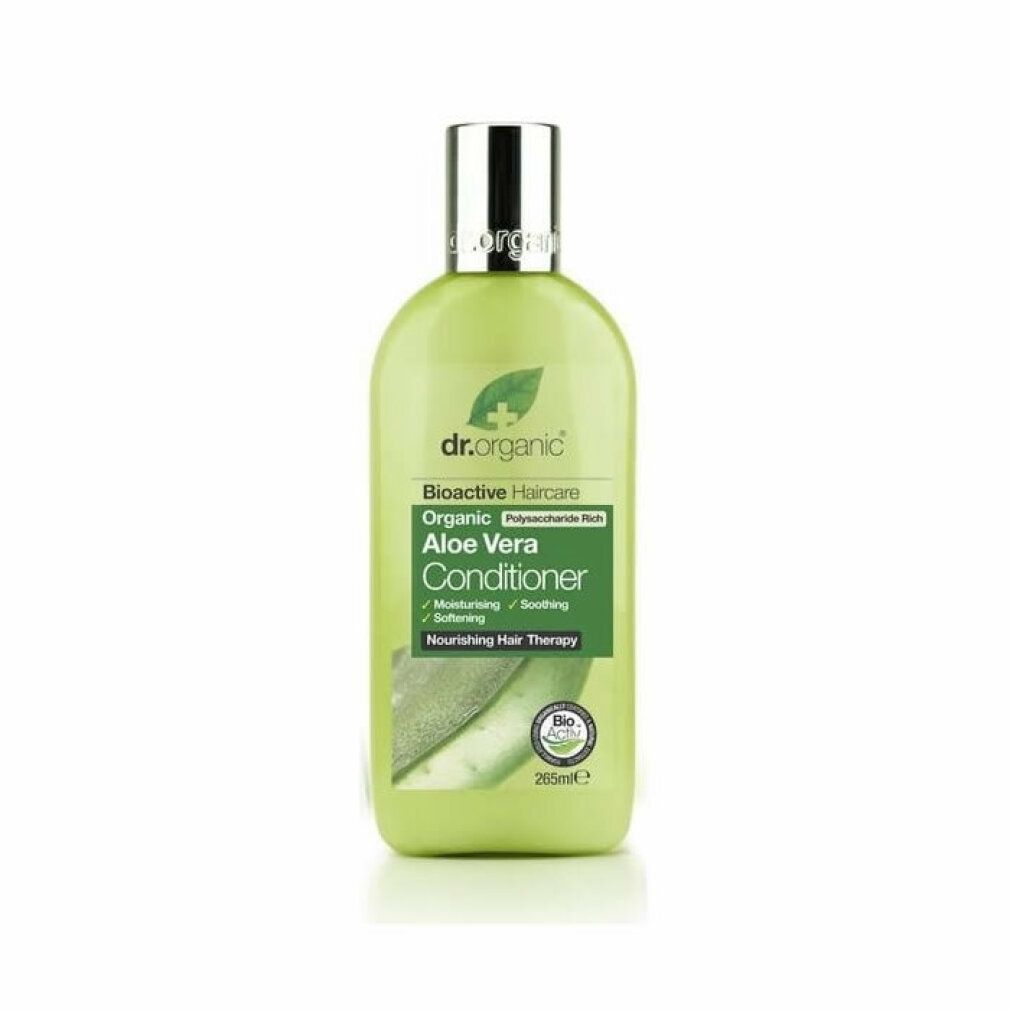 Grüne Flasche mit Conditioner. Aufschrift: Aloe Vera Conditioner. Marke: dr.organic. Mit Bio-Siegel.