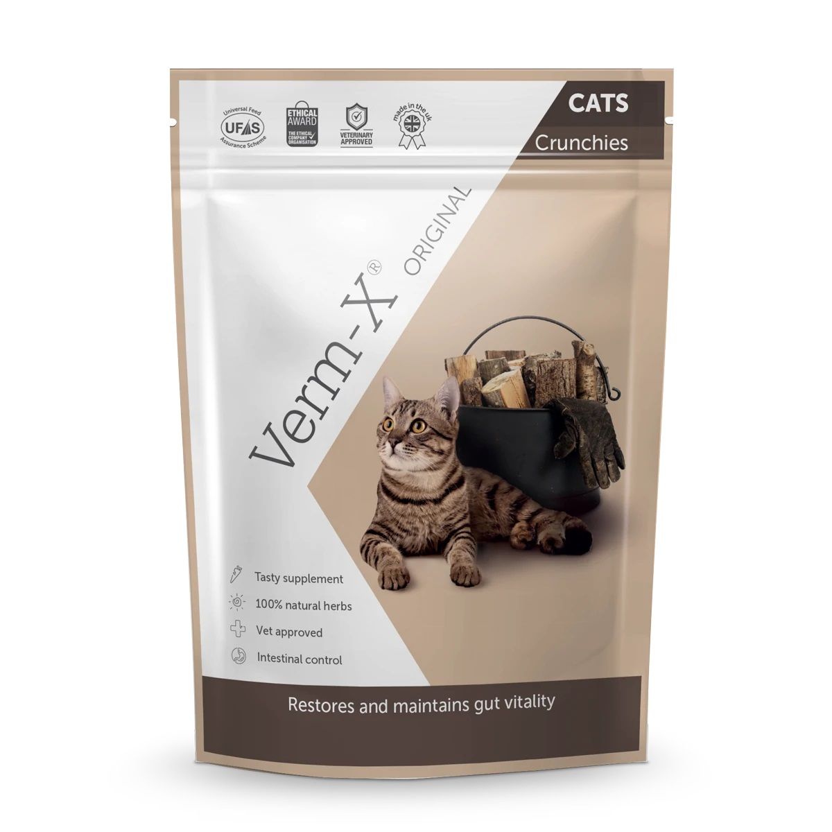 Beutel mit Katzenfutter. Aufschrift: Verm-X Original. Enthält ein Katzenfoto und Logos. Text: Tasty supplement, 100% natural herbs, Vet approved, Intestinal control.