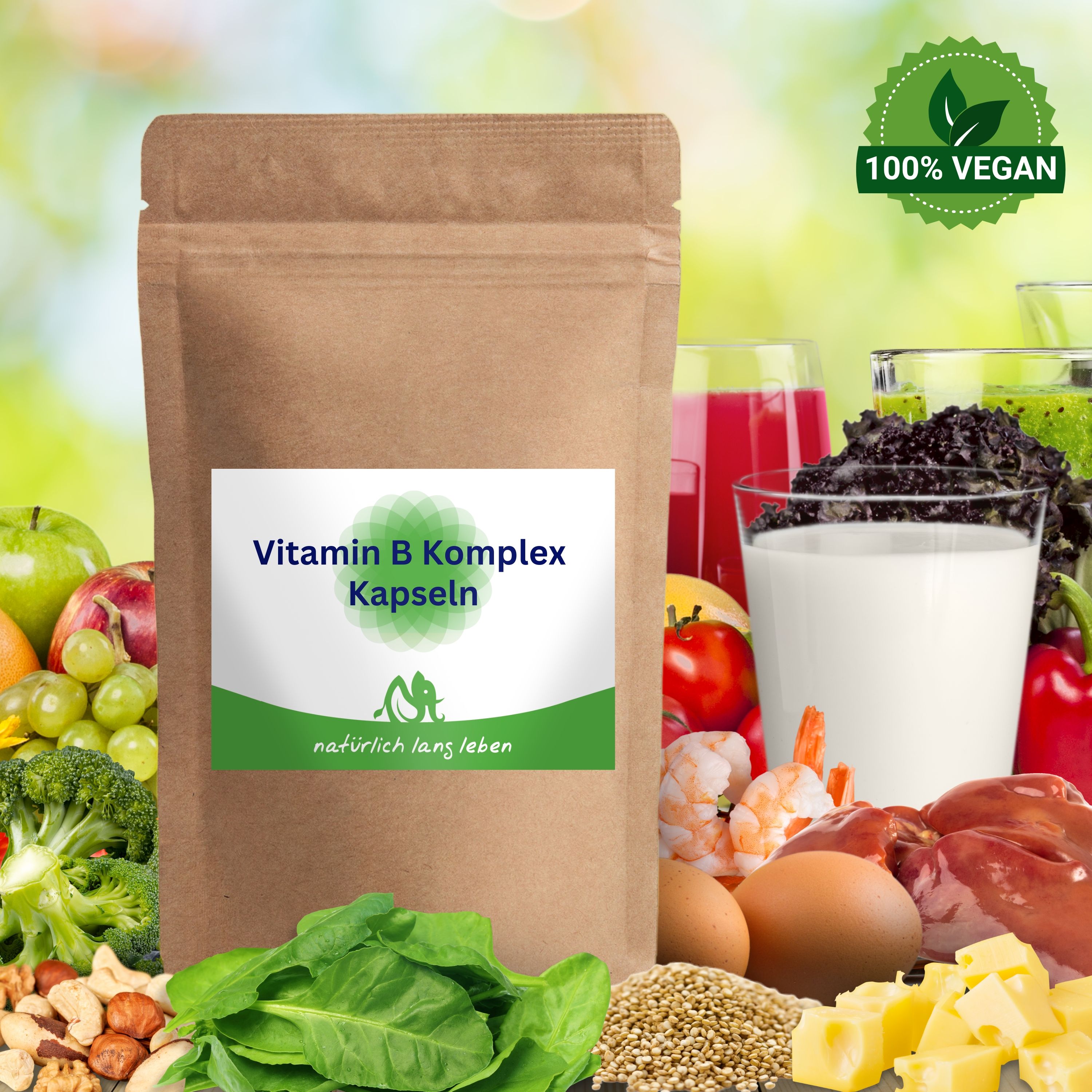 Braune Tüte mit Etikett. Aufschrift: Vitamin B Komplex Kapseln. Logo: natürlich lang leben. 100% vegan.