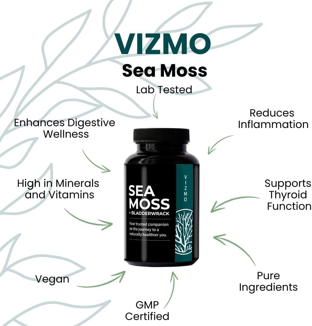 Produktflasche mit Sea Moss. Beschriftung: Sea Moss + Bladderwrack. Pfeile zeigen auf Vorteile: Vegan, GMP-zertifiziert.