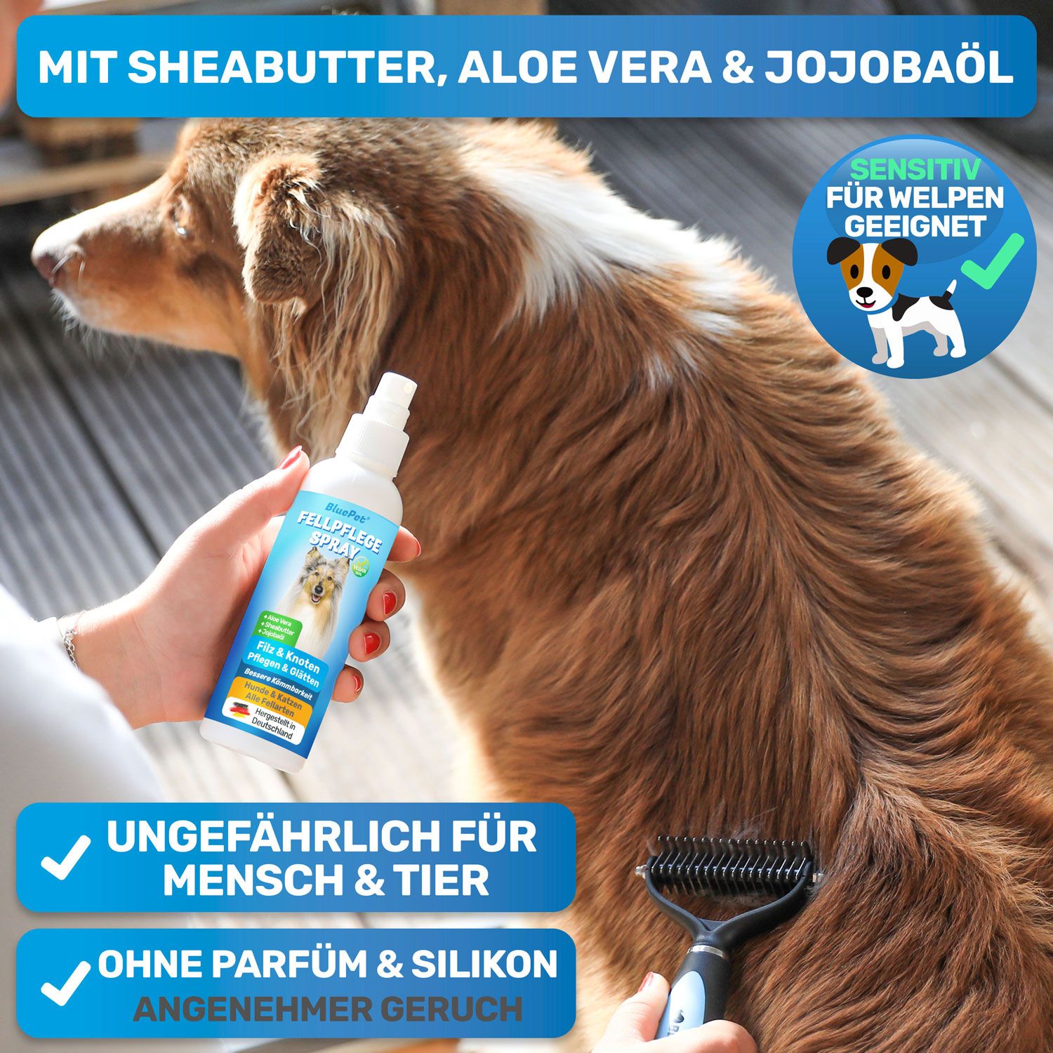 Eine Hand hält eine Sprühflasche Fellpflege Spray. Der Hund wird mit einer Bürste gekämmt. Auf dem Etikett ist ein Siegel für sensible Welpen abgebildet.