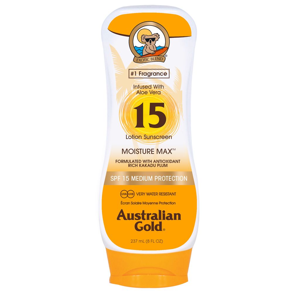 Sonnenlotion-Flasche. Weißes Gefäß mit gelben Akzenten. Aufschrift "15 Lotion Sunscreen", "Australian Gold".