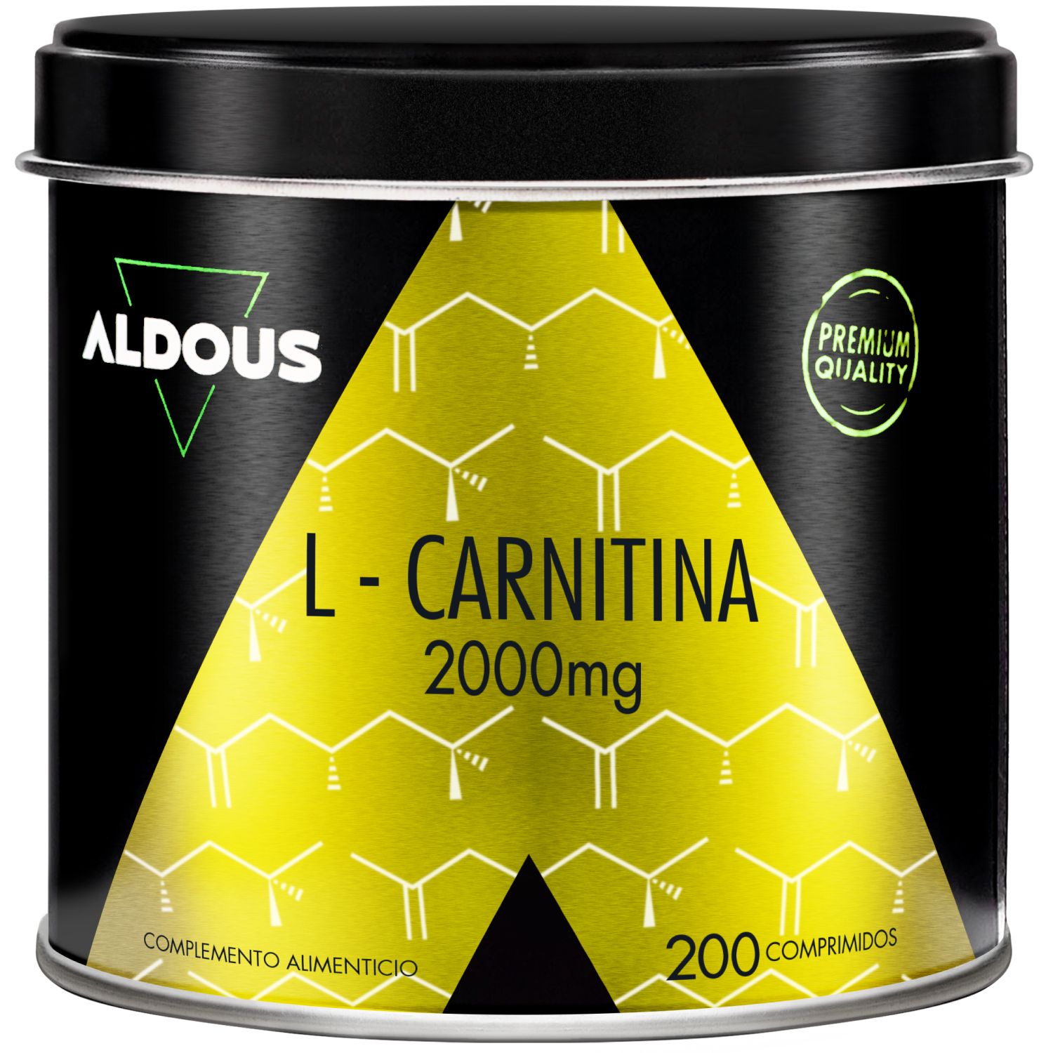 Aldous L-Carnitina Dose mit 200 Tabletten, 2000mg pro Portion. Gelbes Design mit chemischer Struktur.
