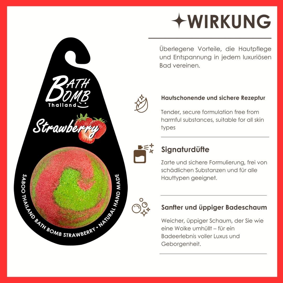 Erdbeer-Badewannenbombe. Grün-rot, spiralförmig. Schwarzes Etikett. Text auf Deutsch. Wellness-Kontext.