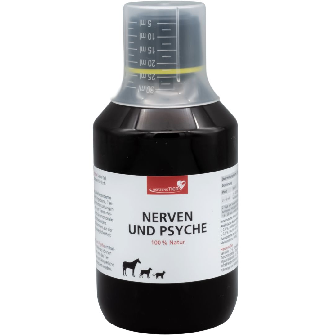 Braune Flüssigkeit in einer Flasche mit Messbecher. Aufschrift: Nerven und Psyche, 100% Natur. Logo mit Tierfiguren.
