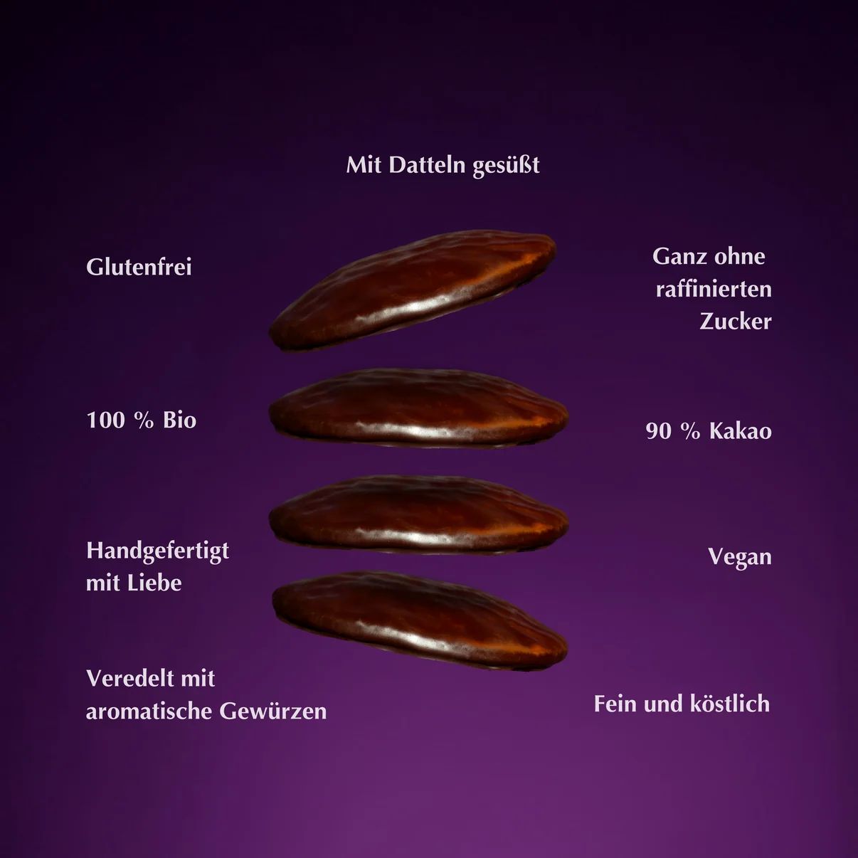 Vier Datteln mit Beschriftungen: Glutenfrei, 100% Bio, Handgefertigt, Verfeinert mit Gewürzen.