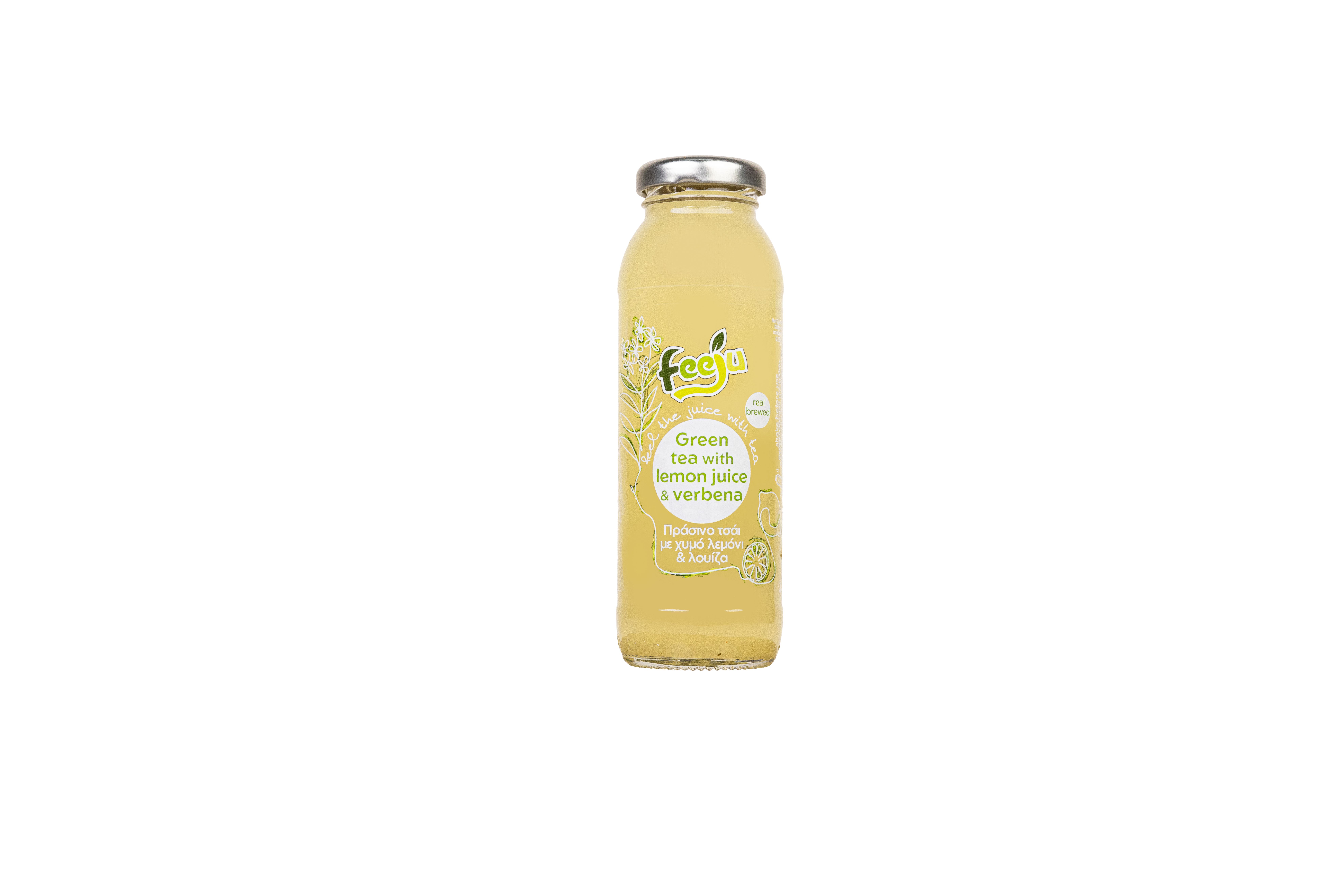 Glasflasche mit grünem Tee, Zitronensaft und Verbene. Silberner Deckel. Etikett mit Produktinformationen.