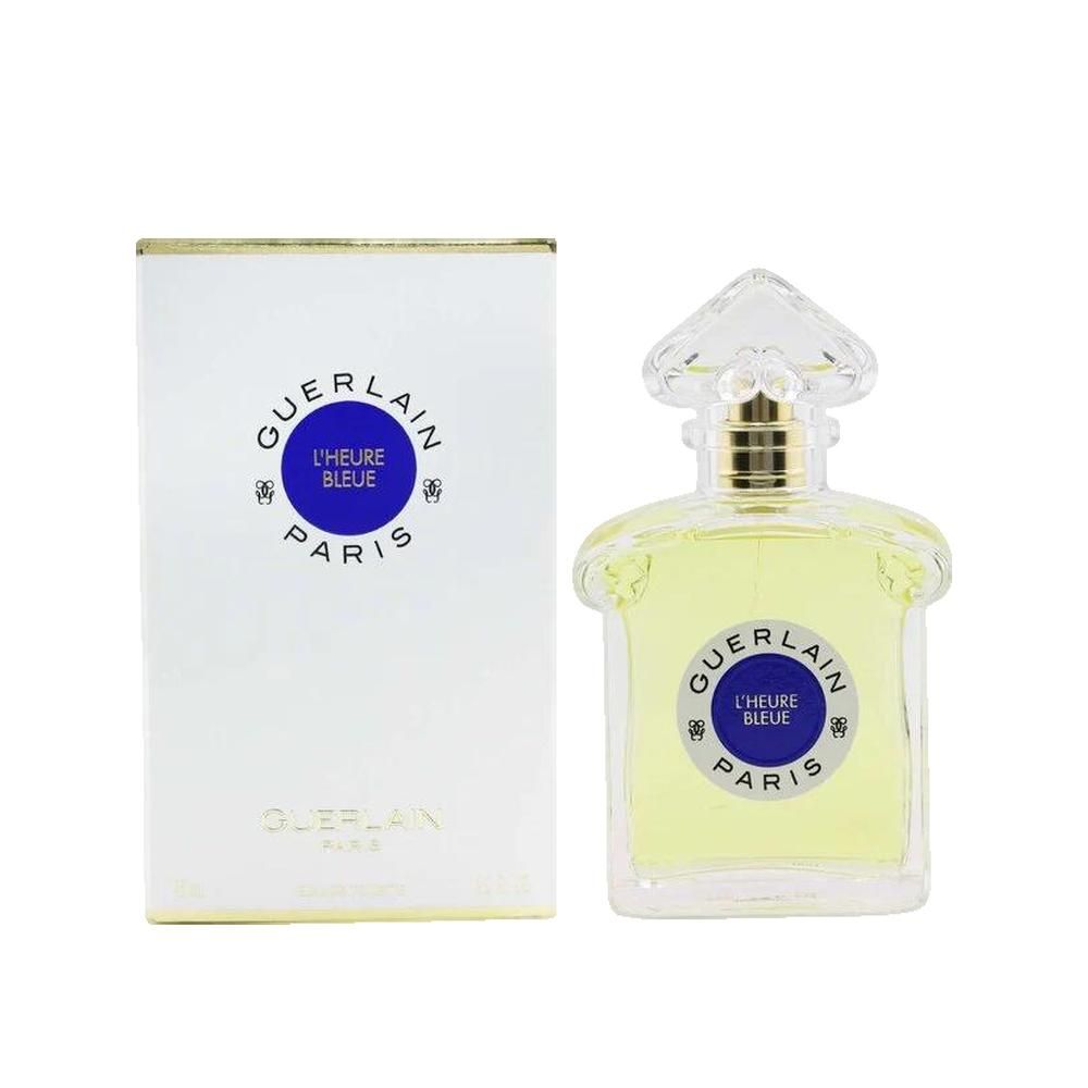 Flakon und Verpackung von Guerlain L'Heure Bleue Eau de Toilette. Weißer Karton, blauer Kreis mit Text. Glasflakon mit goldener Kappe.