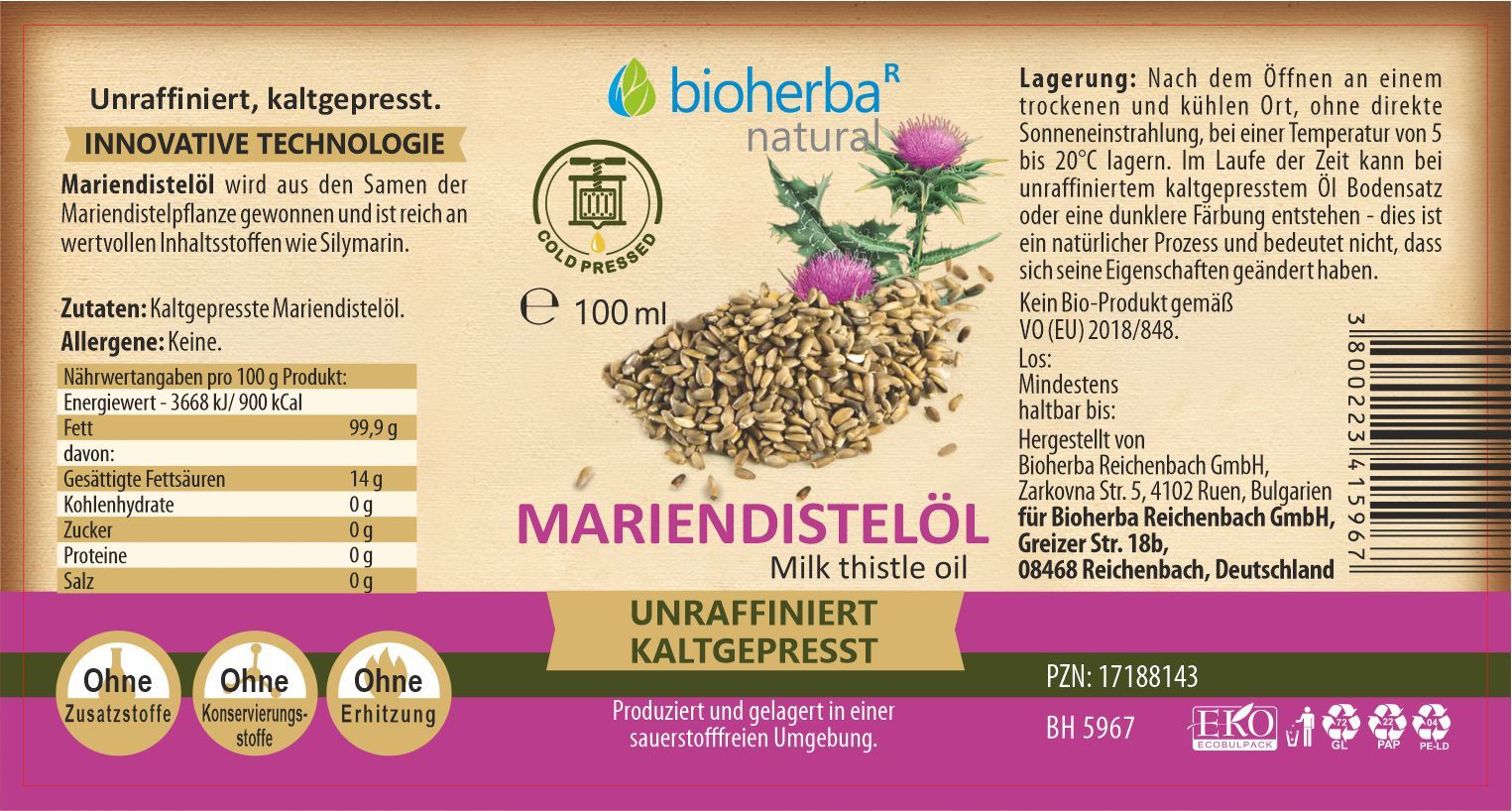 Etikett mit Produktname, Mariendistel-Illustration, Logo und Nährwertangaben. Text in Deutsch.