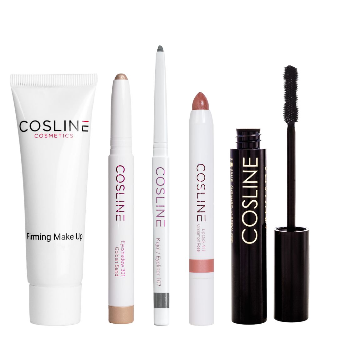 Cosline Starter-Set mit Make-up-Produkten. Enthält: Foundation, Lidschattenstift, Eyeliner, Lippenstift, Mascara. Auf weißem Hintergrund.