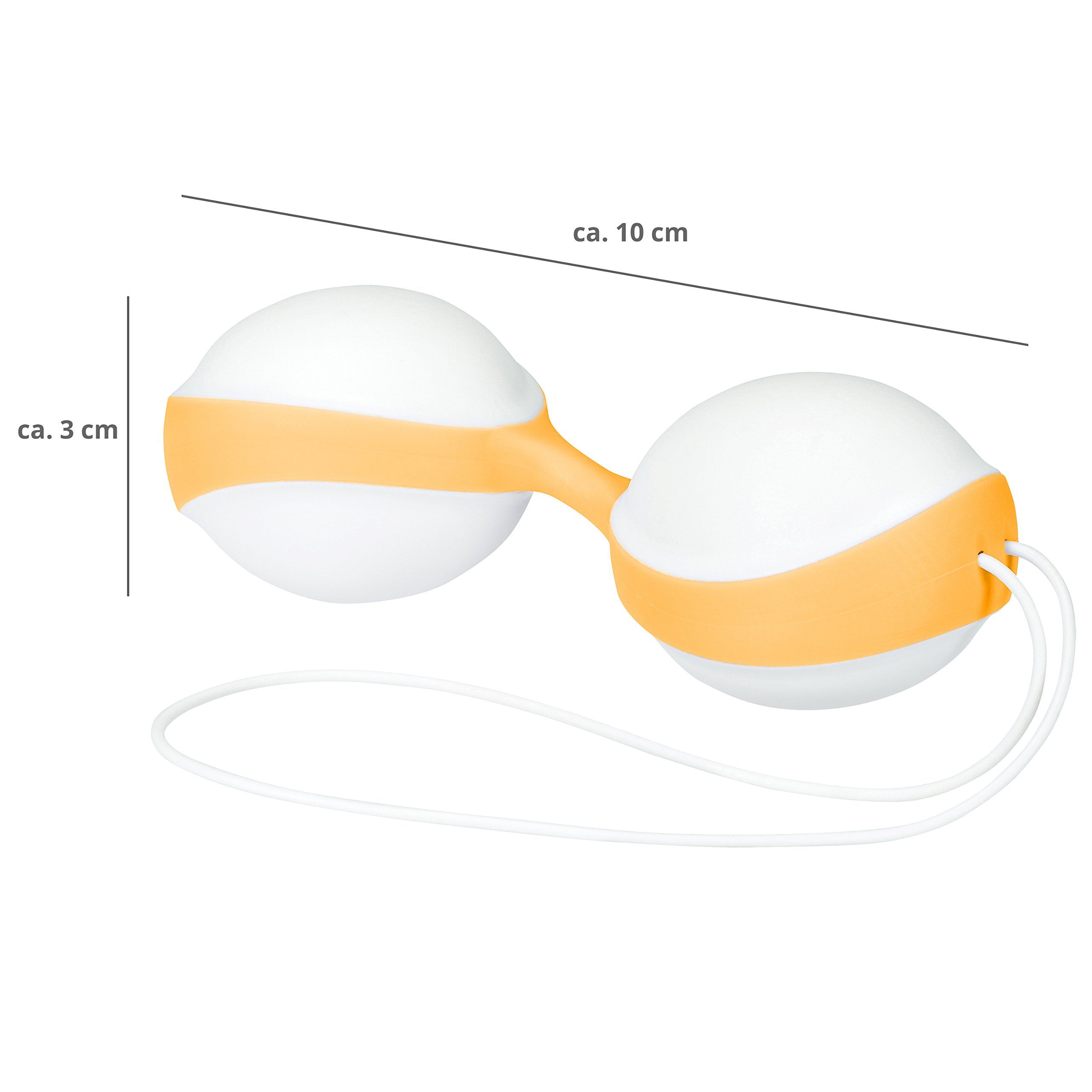 Zwei weiße Kugeln (ca. 3 cm Durchmesser) mit orangefarbenem Band, ca. 10 cm lang, mit Schnur.