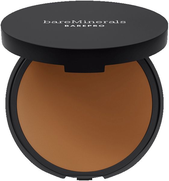 Kompaktpuder-Foundation, geöffnet. Schwarzer Deckel mit Markenlogo. Runde, braune Puder-Foundation.