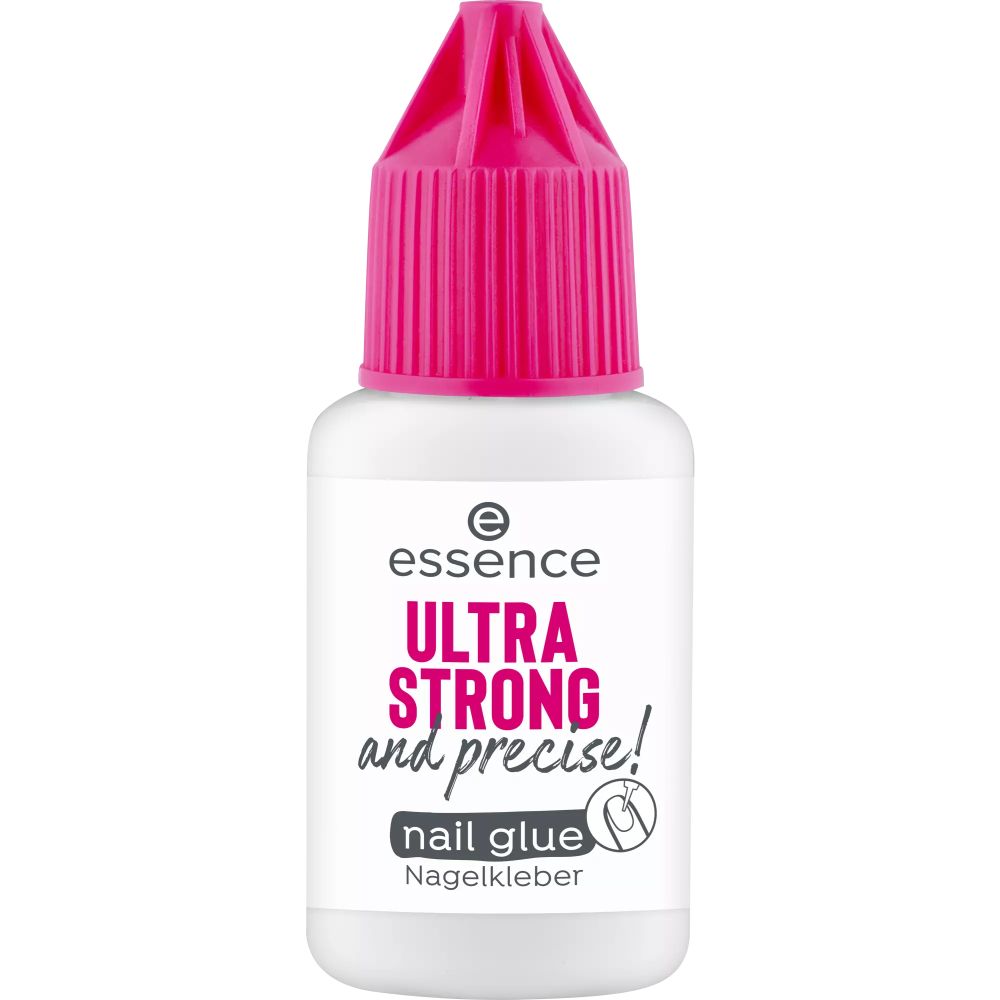 Nagelkleber-Flasche mit rosa Verschluss. Aufschrift: Ultra Strong and precise! Nagelkleber.