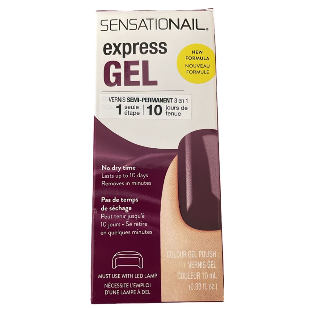 Sensationail Express-Gel-Nagellack-Verpackung. Dunkelroter Nagellack, 10 ml. 10 Tage Haltbarkeit. Neue Formel. Benötigt LED-Lampe.