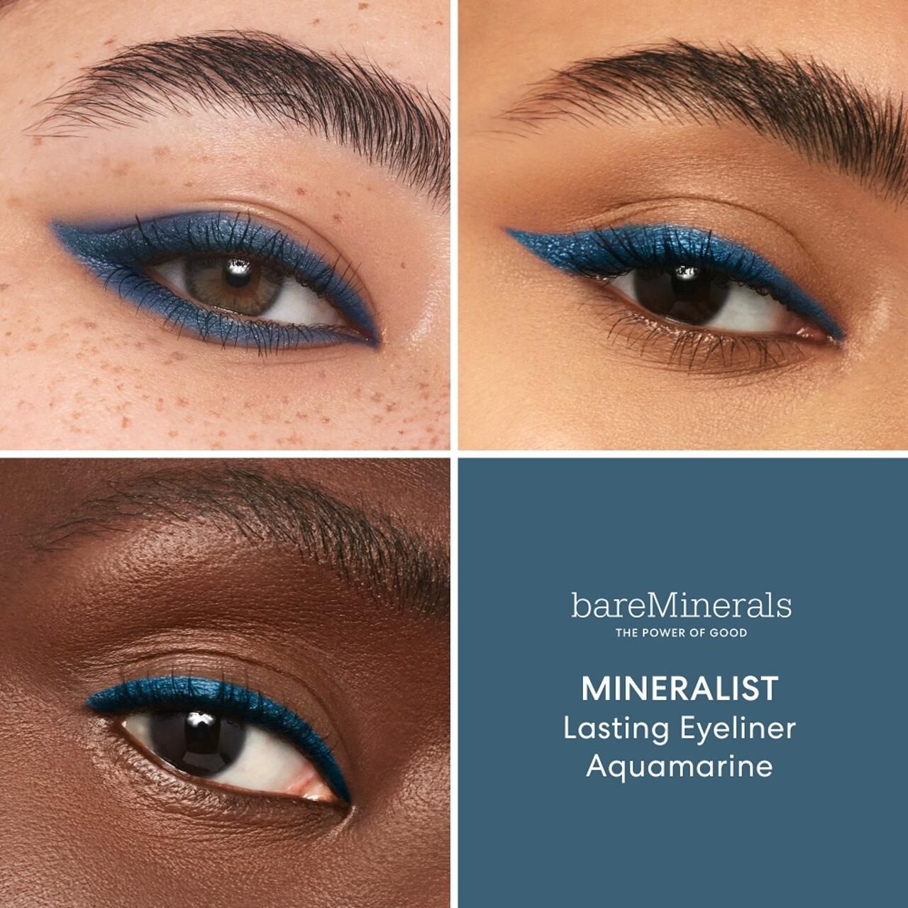 Nahaufnahmen von Augen mit blauem Eyeliner. Aufschrift: bareMinerals, Mineralist Lasting Eyeliner Aquamarine.