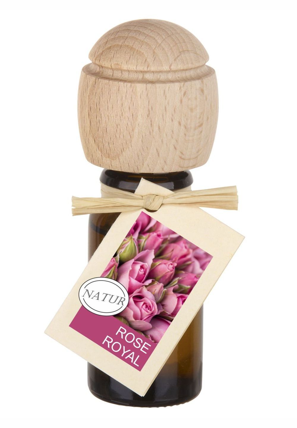 Braune Glasflasche mit Holzverschluss und Anhänger. Anhänger mit Rosenmotiv und Schriftzug Rose Royal.