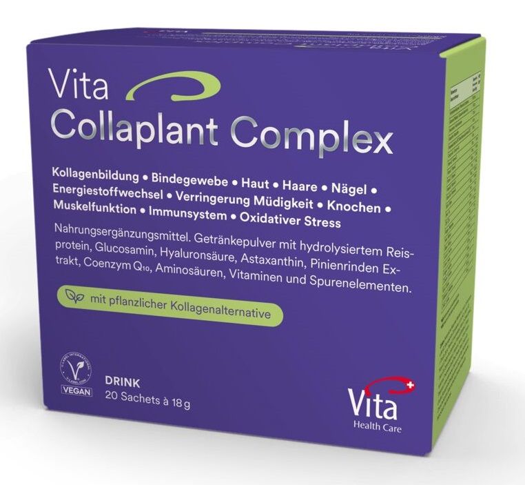 Lila Schachtel mit Produktnamen und Inhaltsstoffen. Enthält 20 Sachets. Vegan.