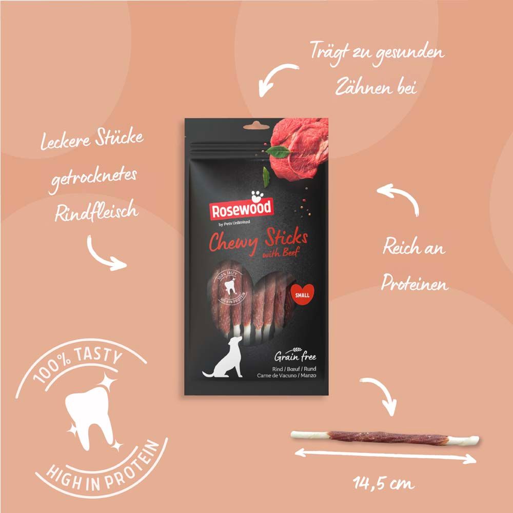 Verpackung Rosewood Chewy Sticks mit Rindfleisch. Text: 14,5 cm. Reich an Proteinen. 100% Tasty. High in Protein.