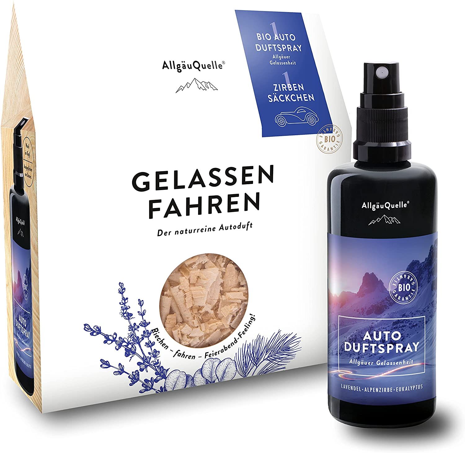 AllgäuQuelle Bio Autoduft-Set Lufterfrischer Lavendel mit Zirben-Säckchen  als natürlichem Duftbaum 100 ml - SHOP APOTHEKE